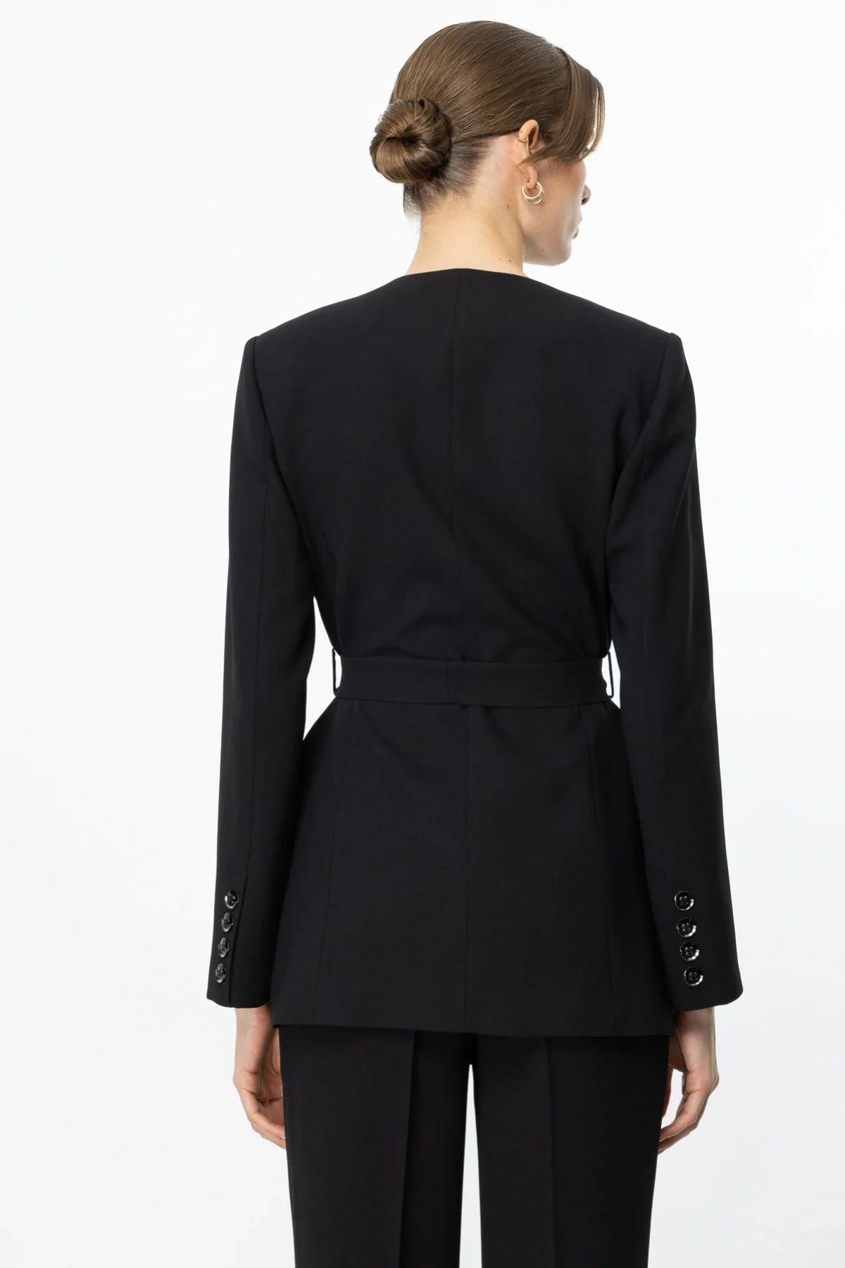 Ekol Düğmeli Bel Kuşaklı Kadın Siyah Ceket 04232