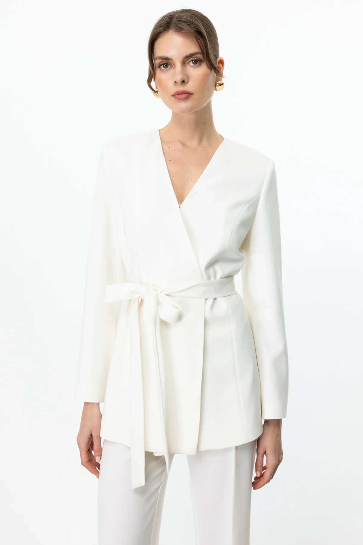 Ekol Düğmeli Bel Kuşaklı Ekru Kadın Ceket 04232