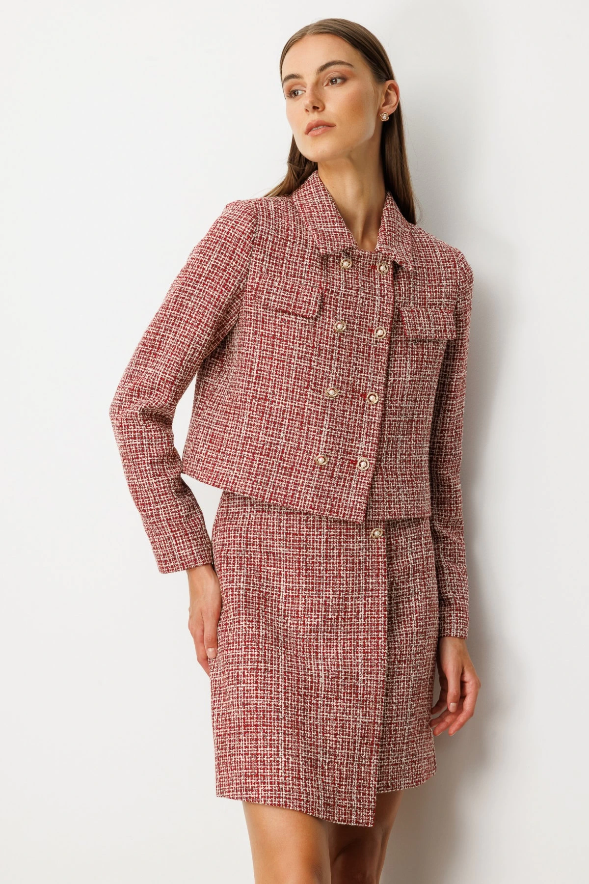 Ekol Düğmeli Kadın Kırmızı Tüvit Ceket 05045