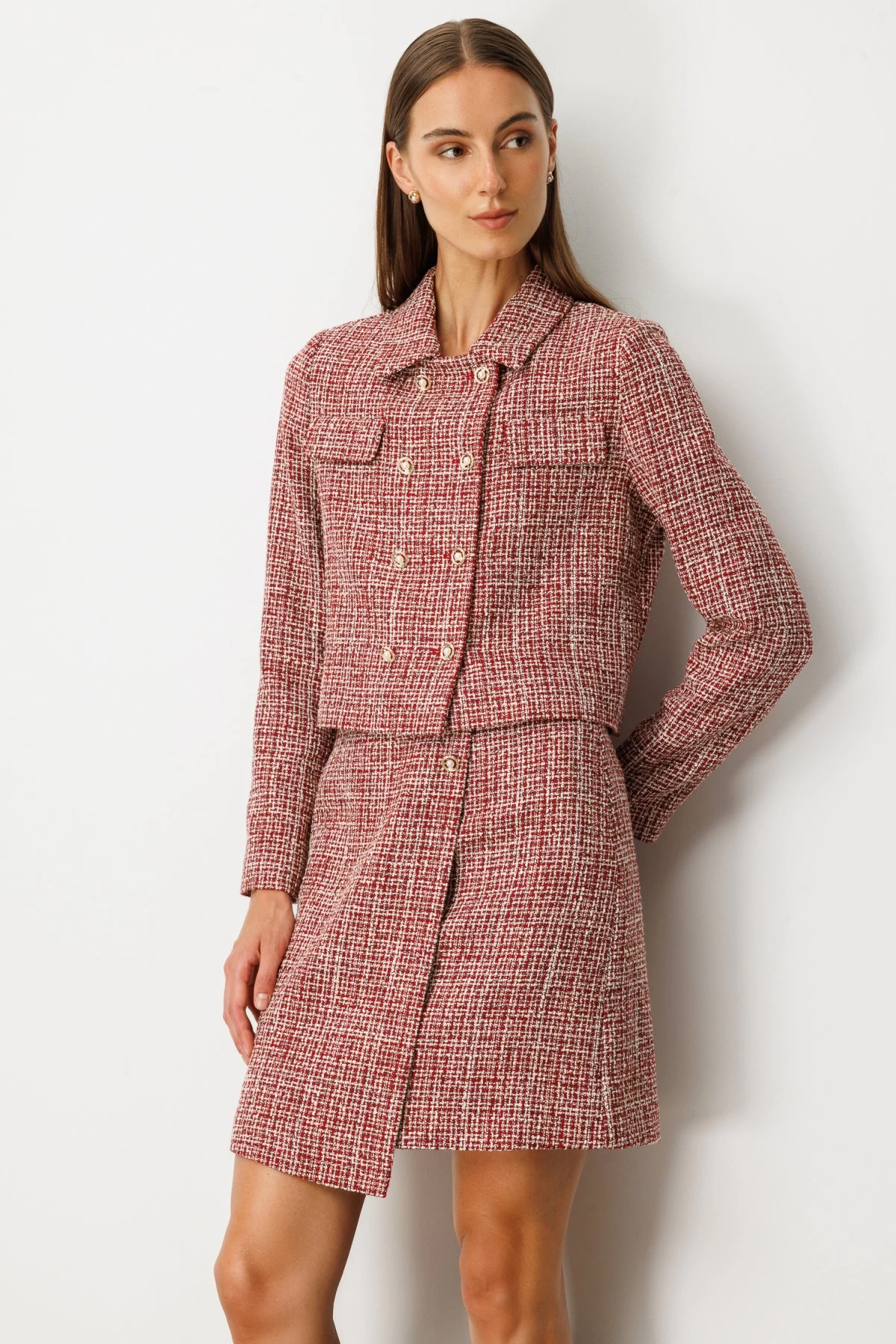 Ekol Düğmeli Kadın Kırmızı Tüvit Ceket 05045