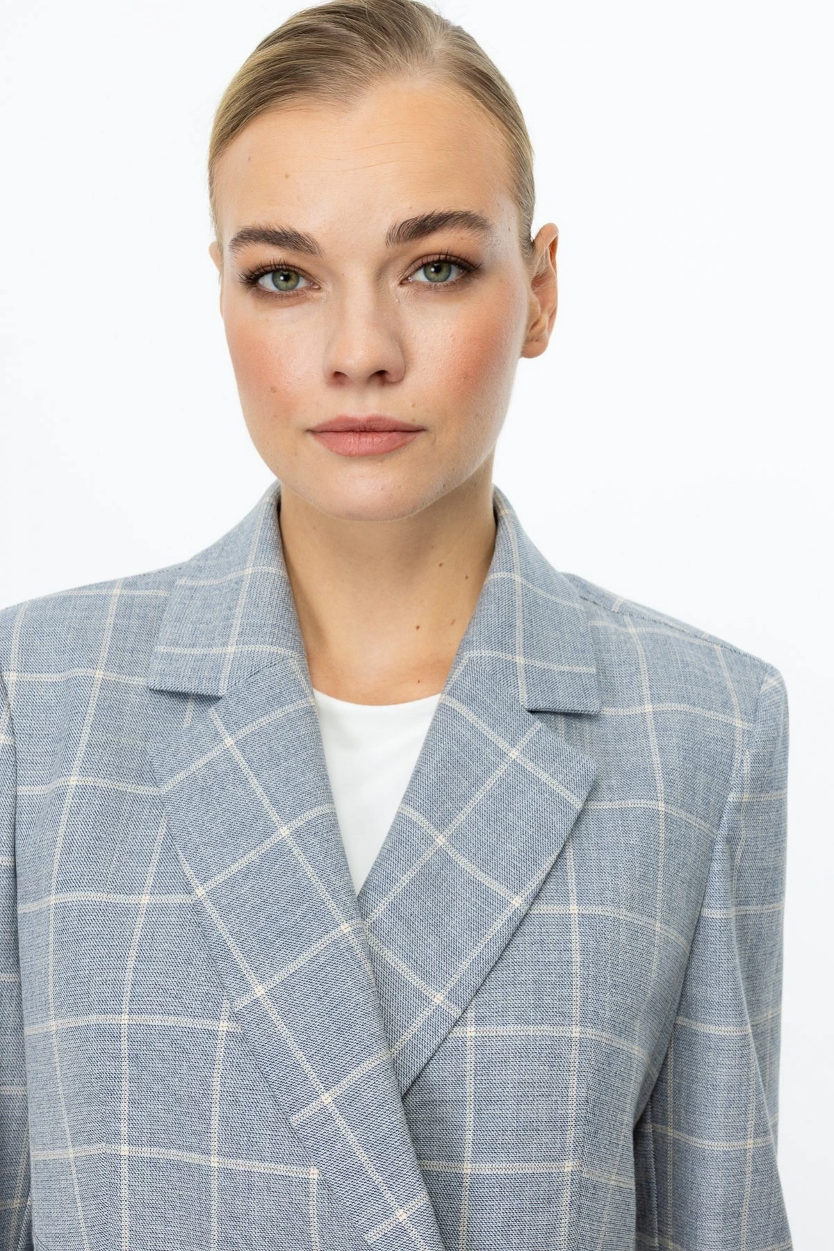 Ekol Kadın Ekoseli İndigo Crop Ceket 04030