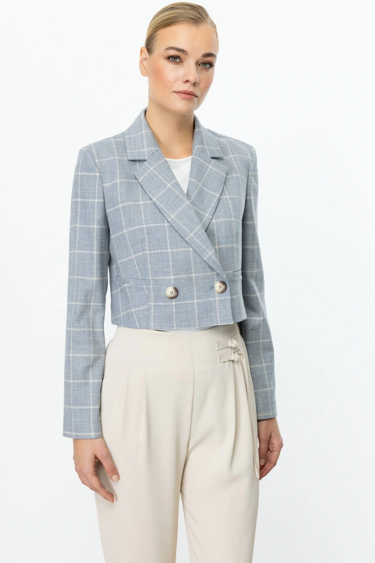 Ekol Kadın Ekoseli İndigo Crop Ceket 04030