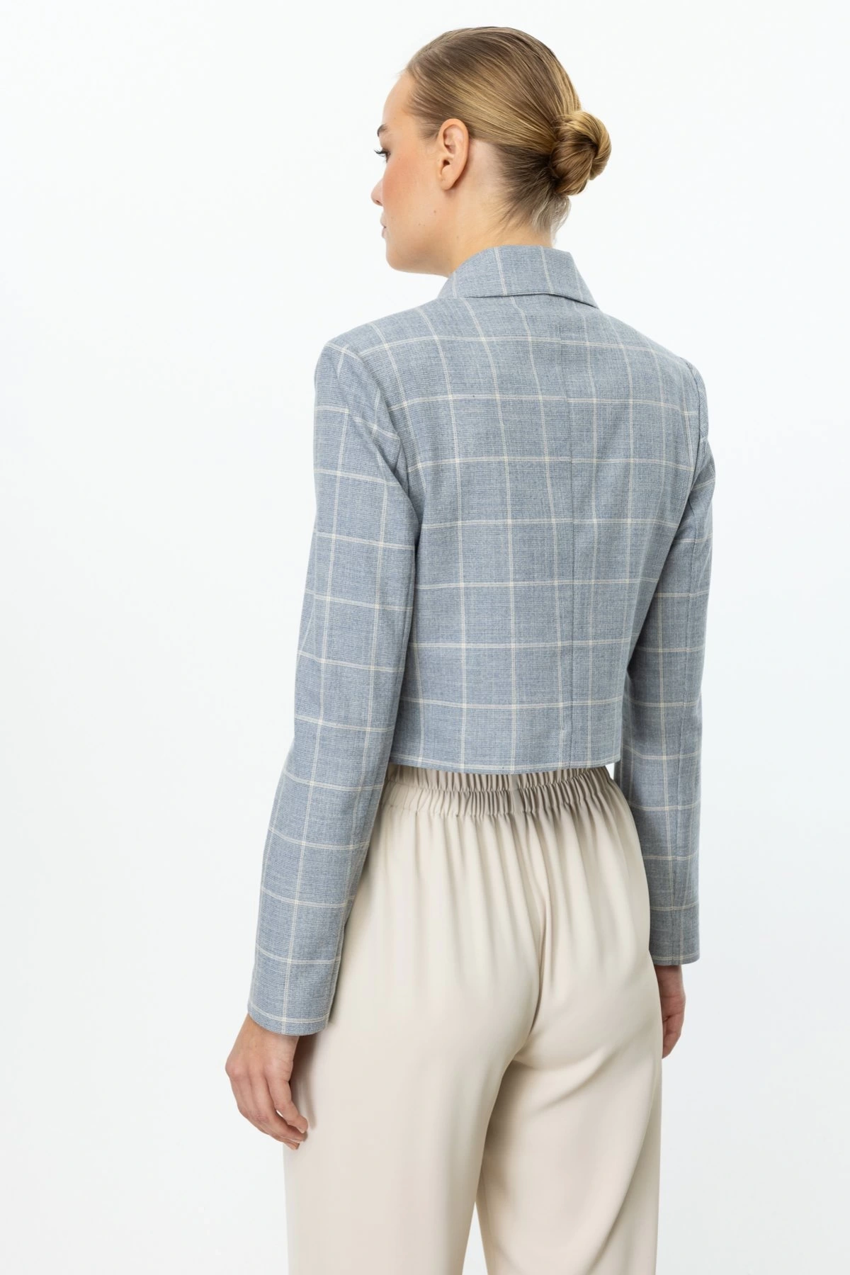 Ekol Kadın Ekoseli İndigo Crop Ceket 04030