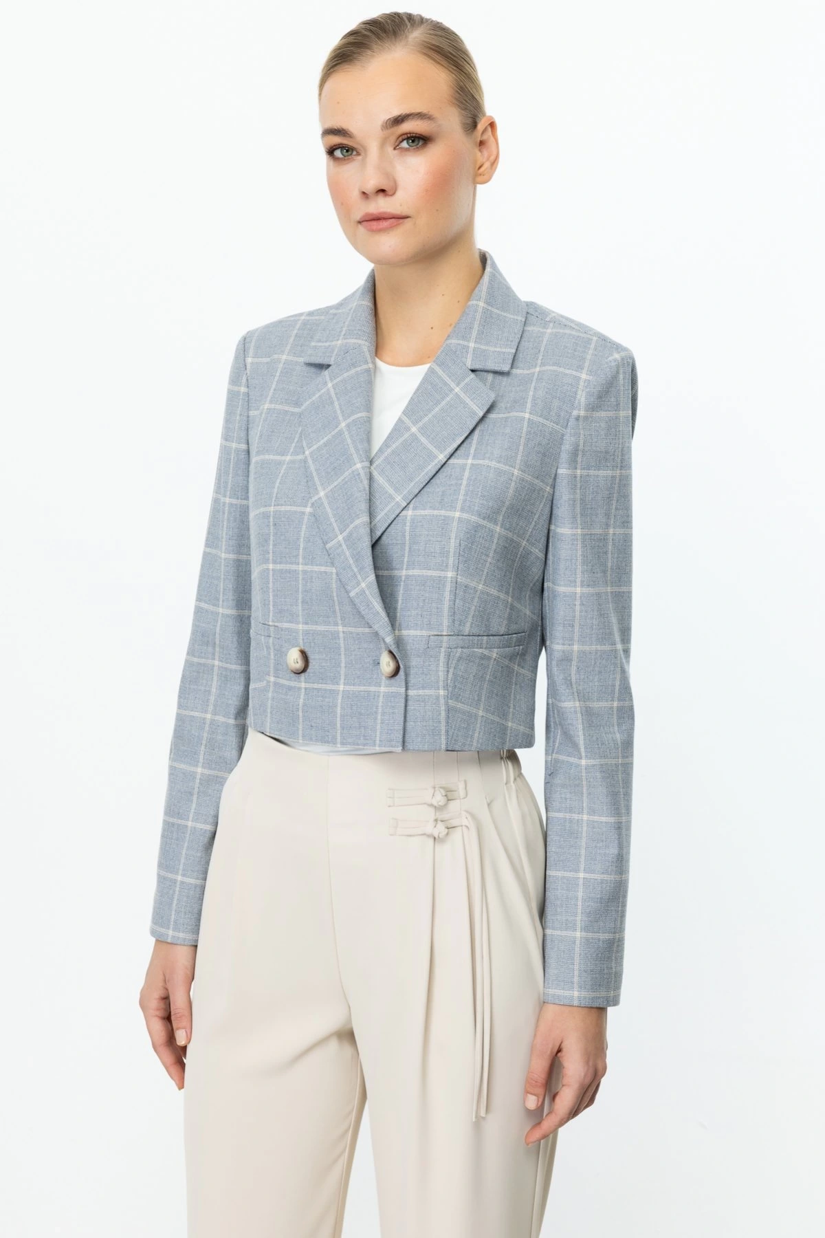 Ekol Kadın Ekoseli İndigo Crop Ceket 04030