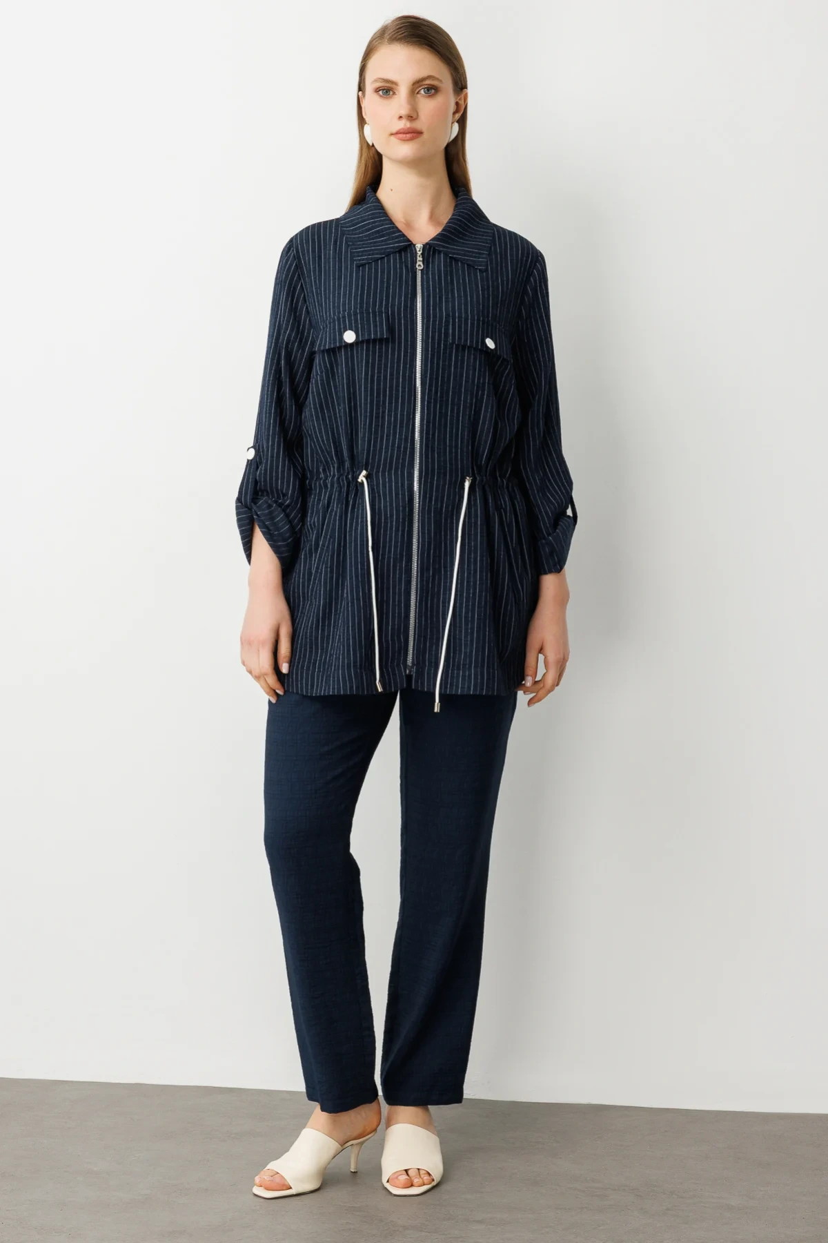 Ekol Fermuarlı Çizgili Pardesü 07582