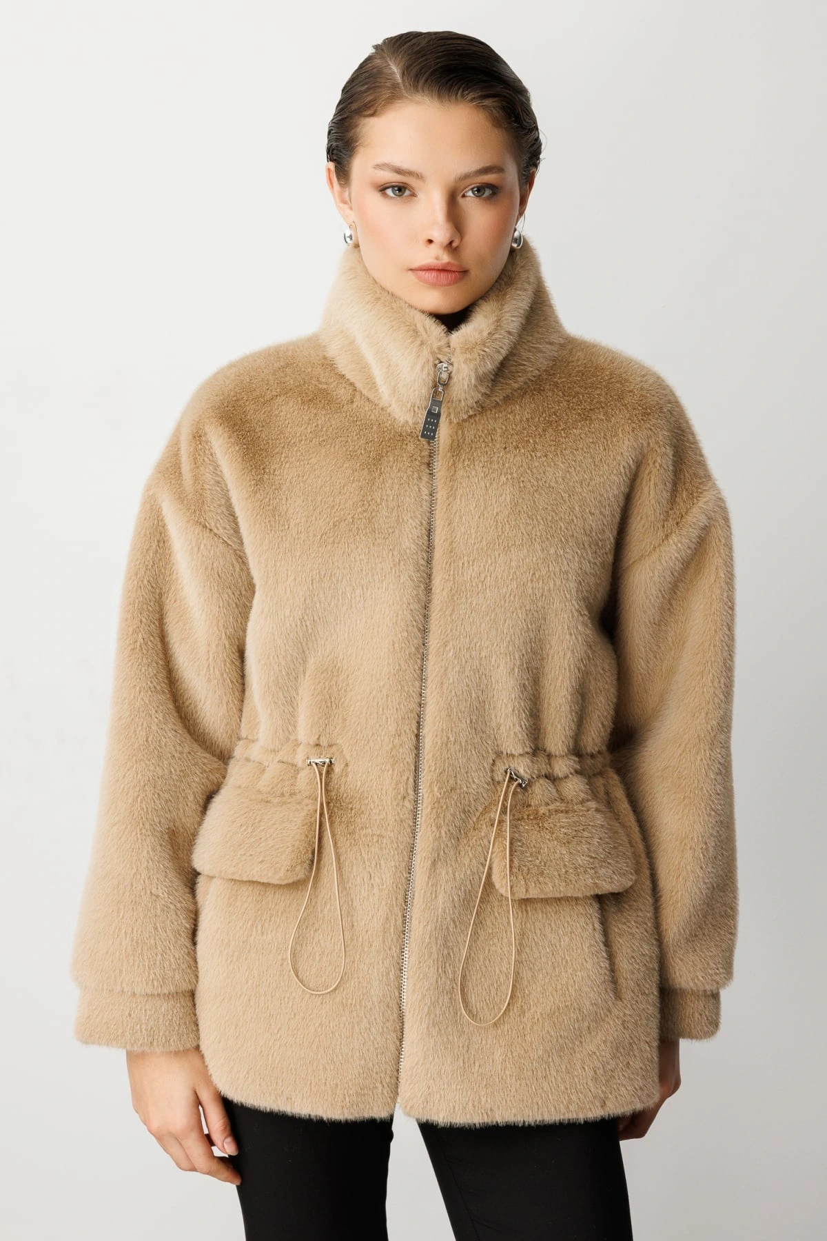 Ekol Fermuarlı Peluş Kadın Vizon Manto 06103