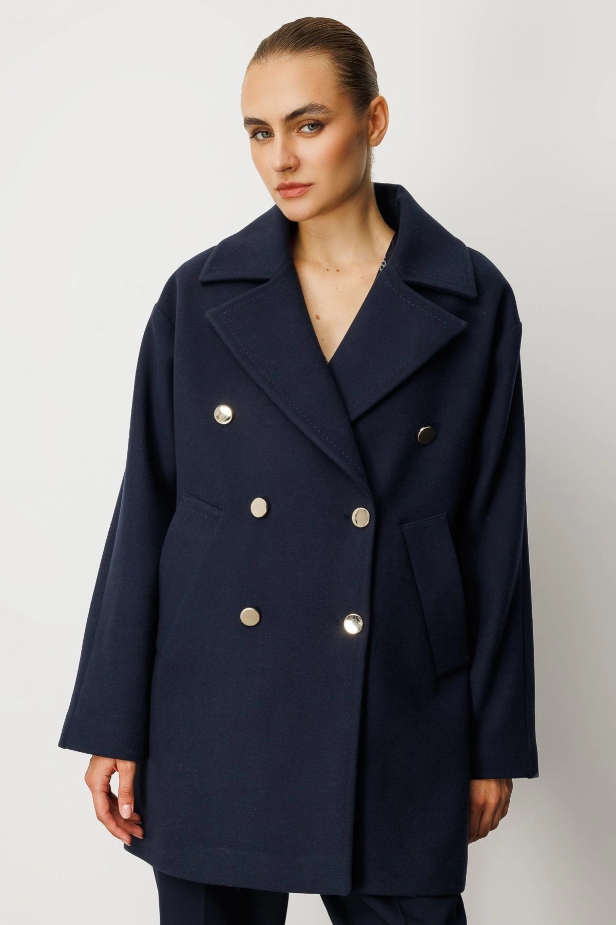 Ekol Gold Düğmeli Lacivert Kadın Manto 06093