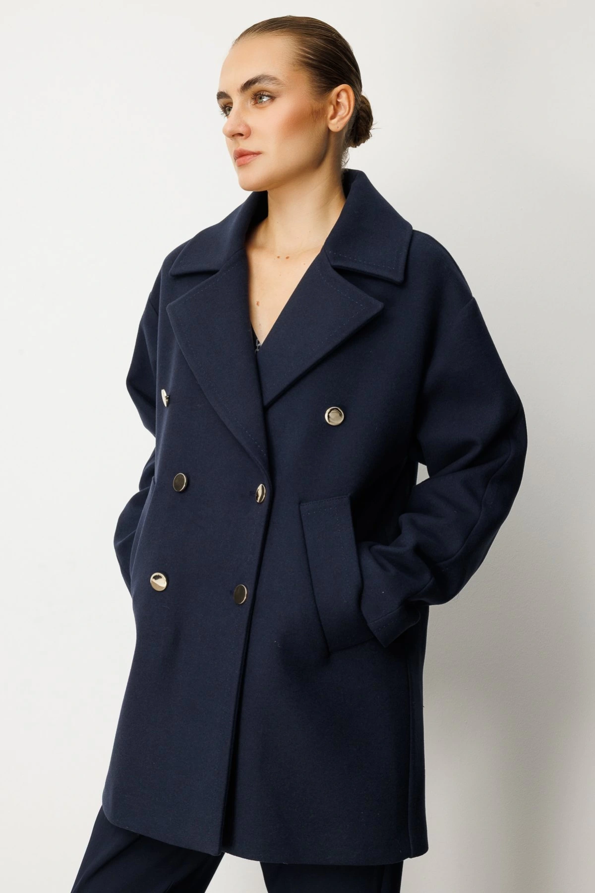 Ekol Gold Düğmeli Lacivert Kadın Manto 06093