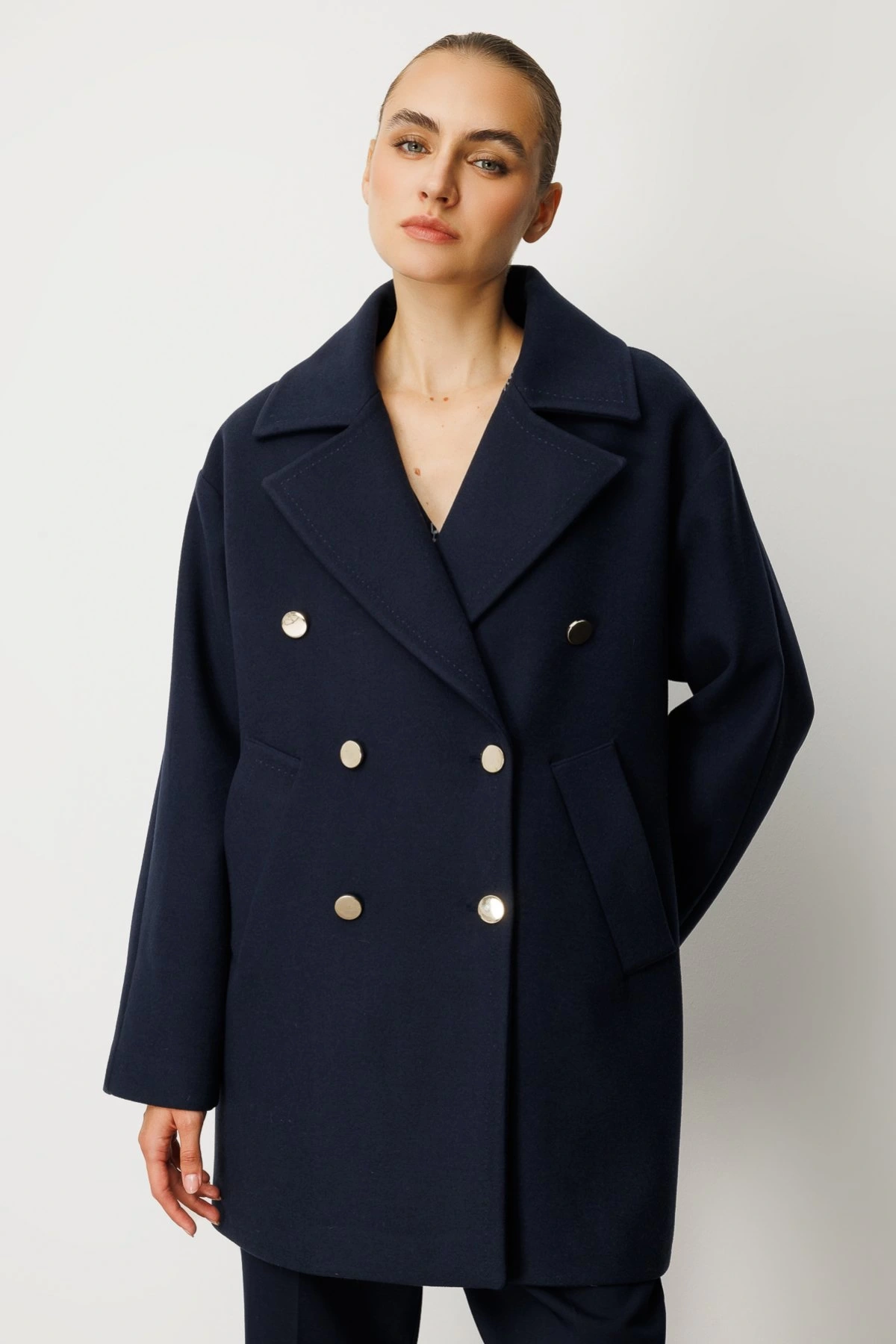 Ekol Gold Düğmeli Lacivert Kadın Manto 06093