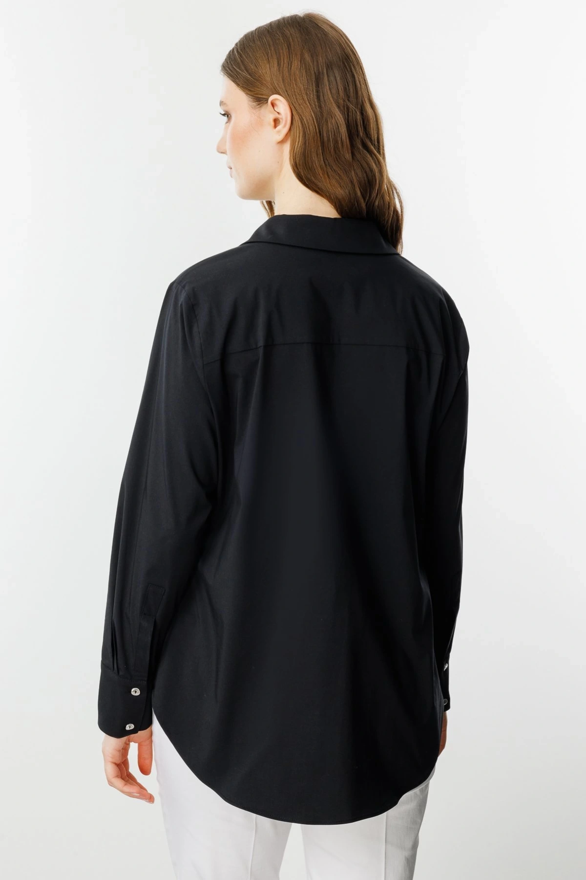 Ekol Büyük Beden Gül Nakışlı Cepli Siyah Kadın Gömlek 03504