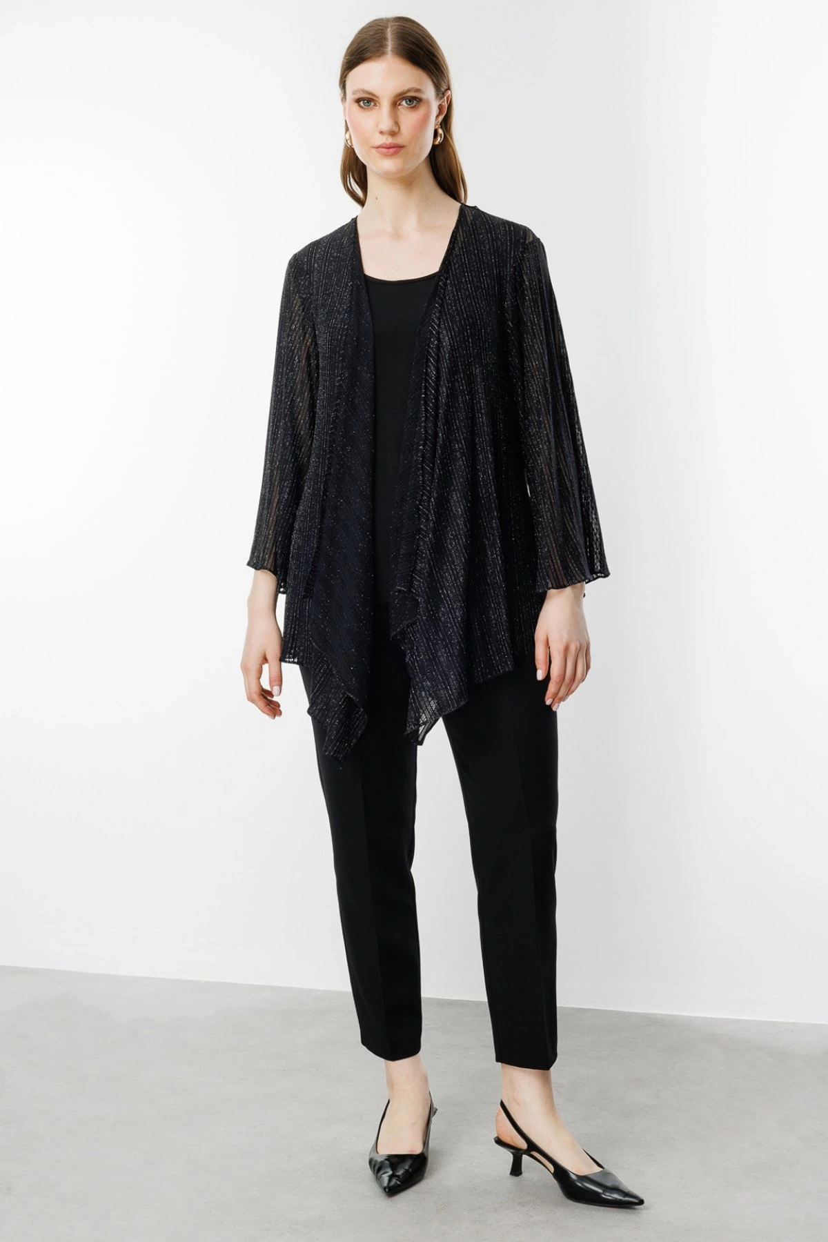 Ekol Büyük Beden İç Atletli Simli Siyah Kadın Bluz 04582