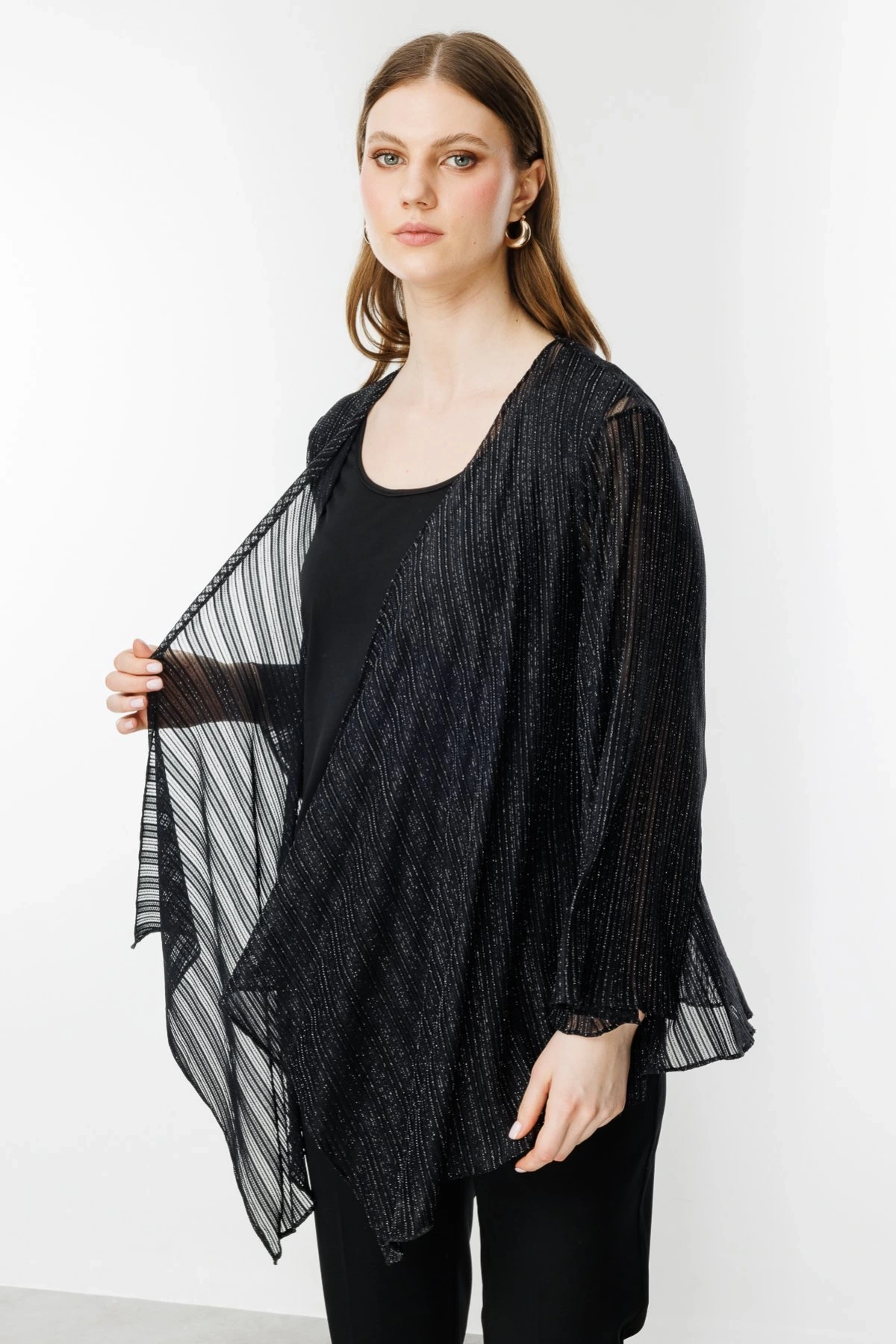 Ekol Büyük Beden İç Atletli Simli Siyah Kadın Bluz 04582