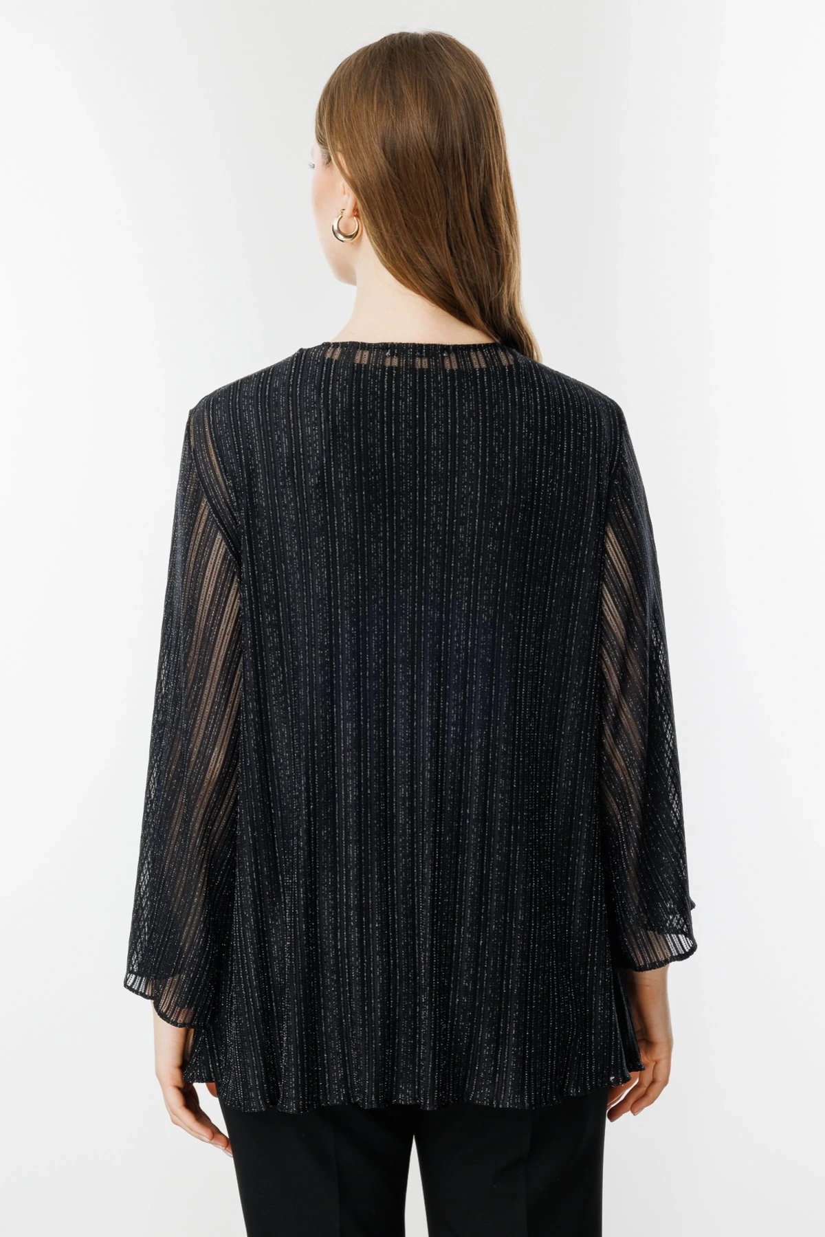 Ekol Büyük Beden İç Atletli Simli Siyah Kadın Bluz 04582