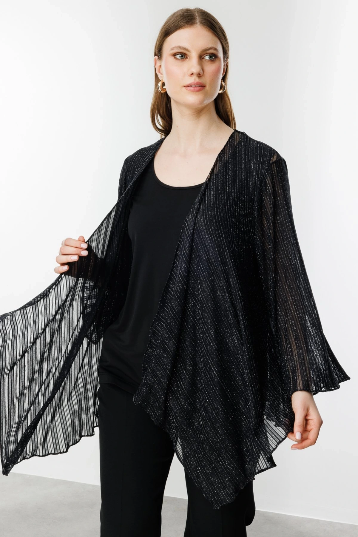 Ekol Büyük Beden İç Atletli Simli Siyah Kadın Bluz 04582