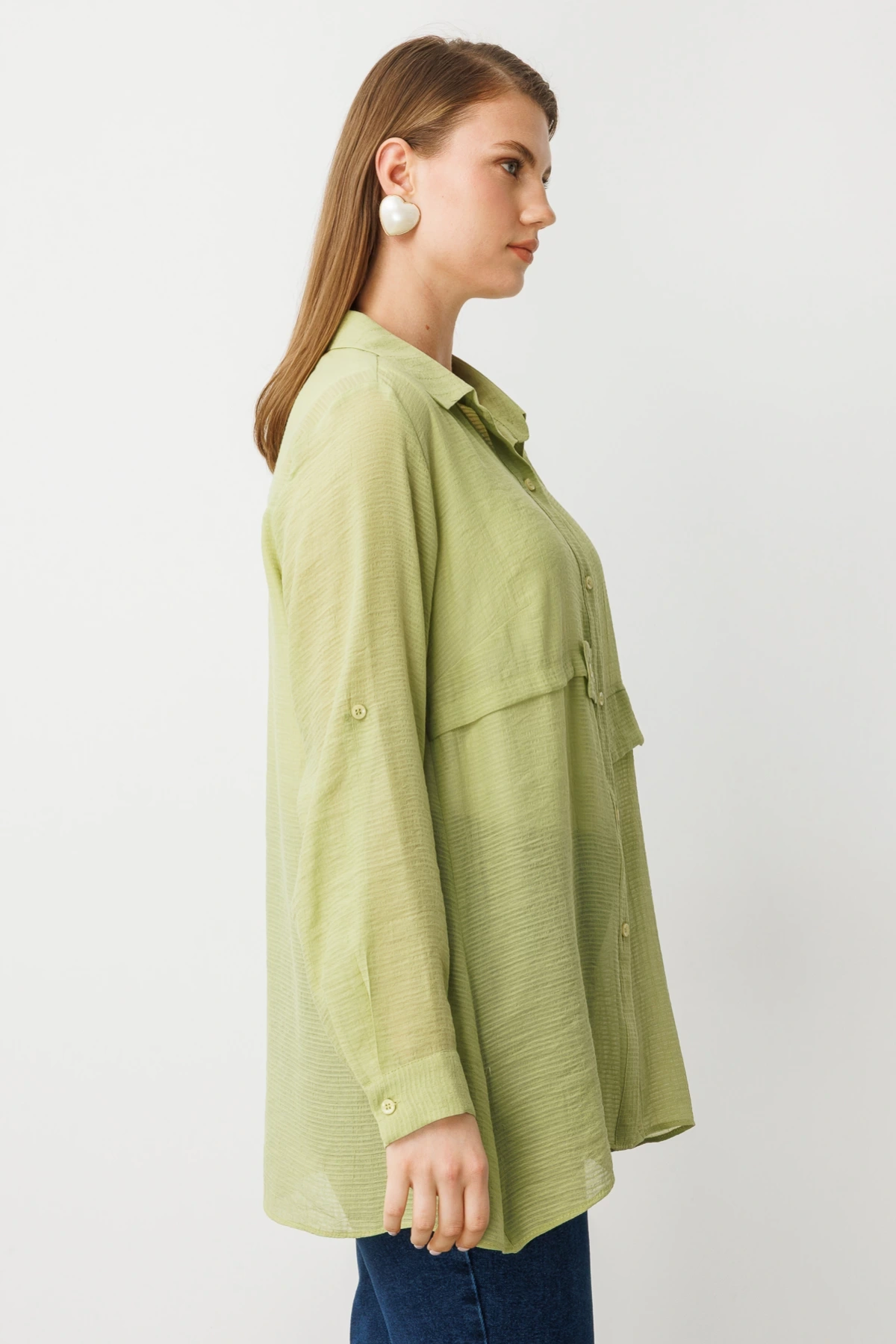 Ekol Büyük Beden İçlik Aksesuarlı Fıstık Yeşili Bluz 03650