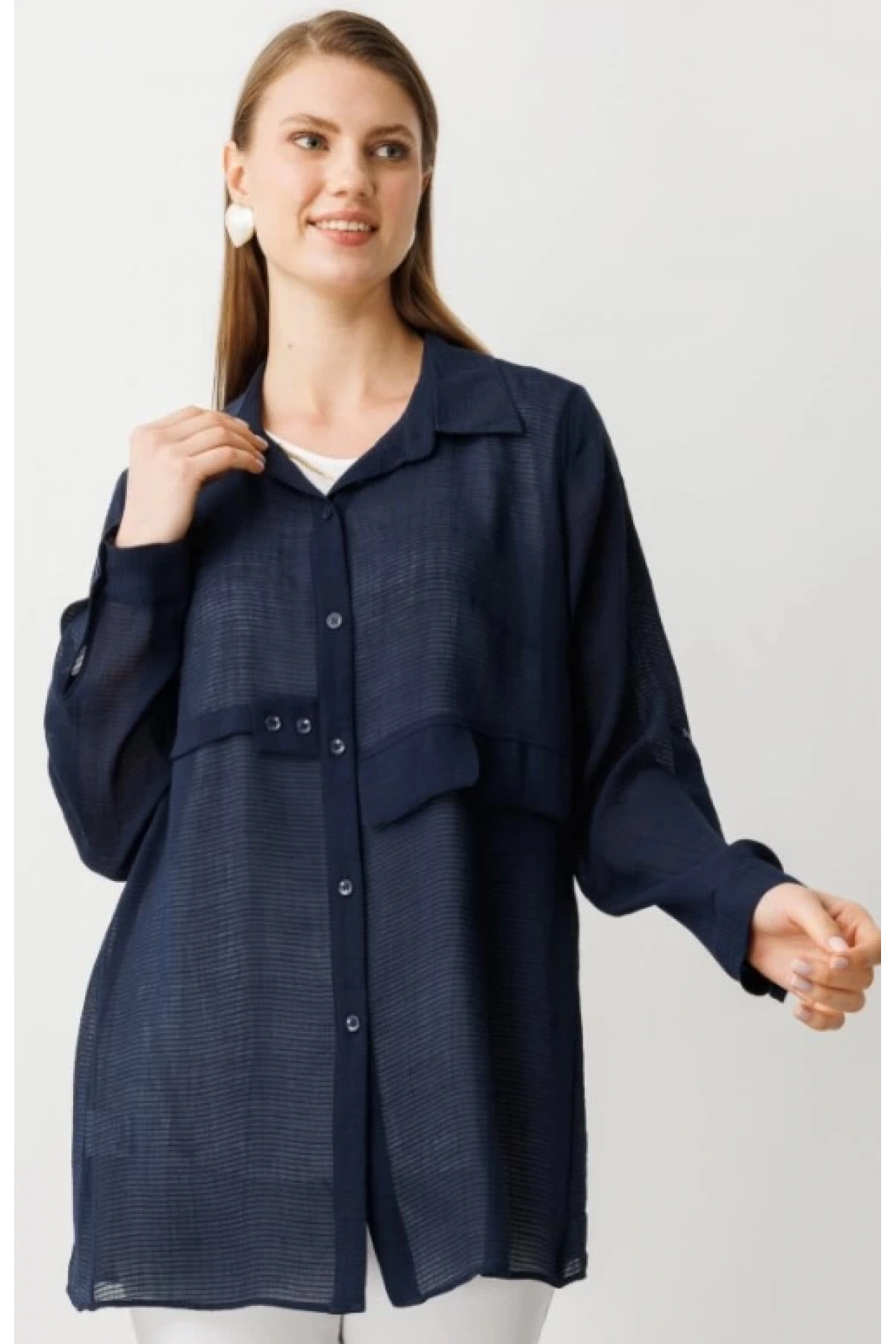 Ekol İçlik Aksesuarlı Lacivert Kadın Bluz 03650