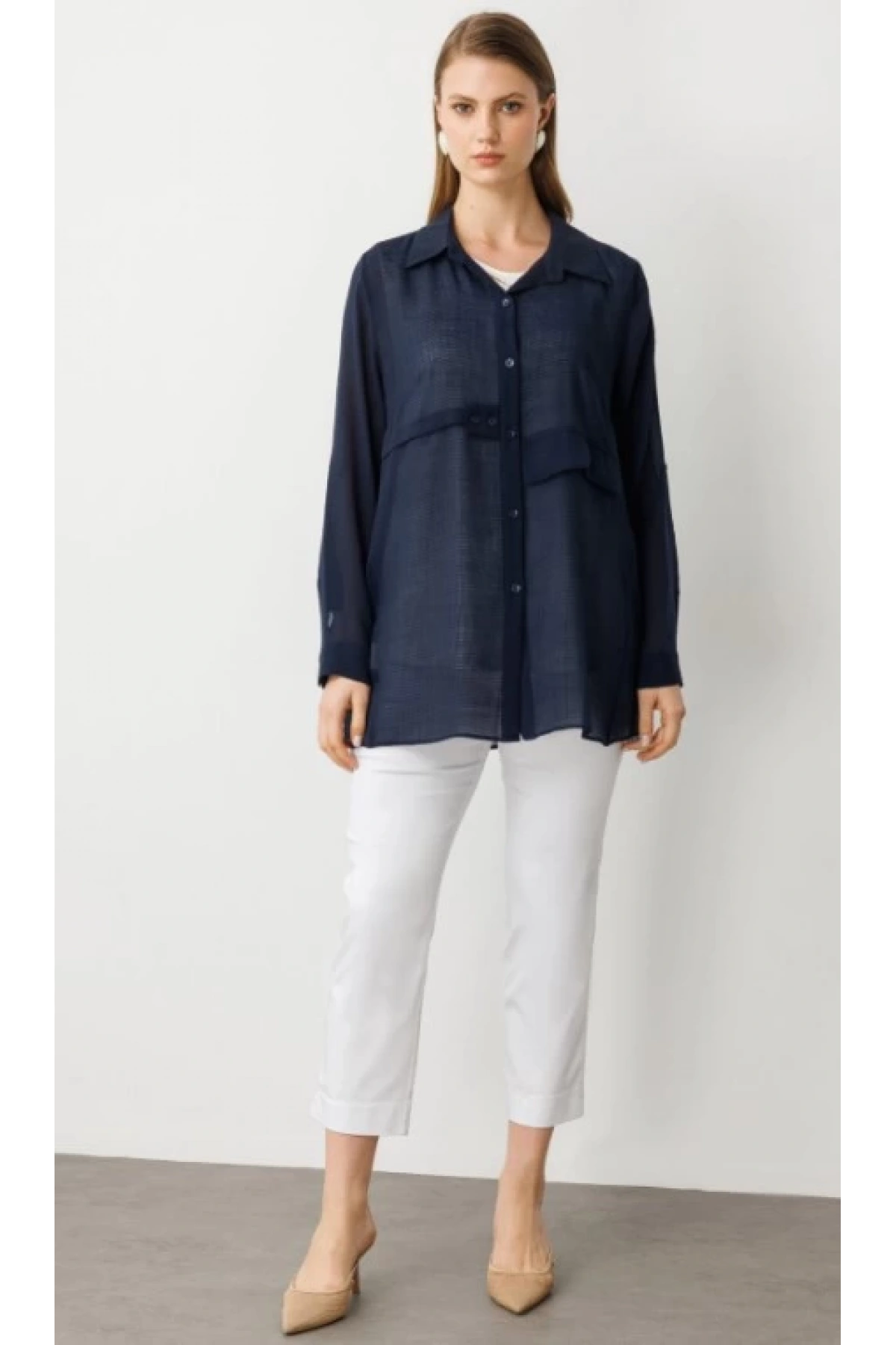 Ekol İçlik Aksesuarlı Lacivert Kadın Bluz 03650