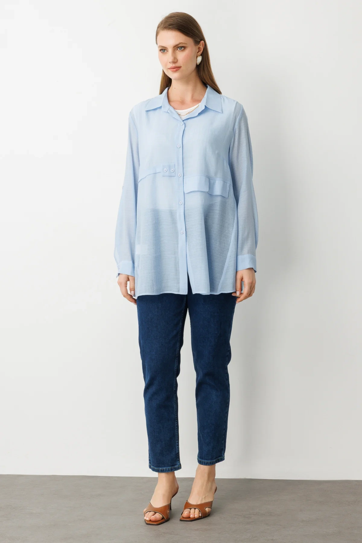 Ekol İçlik Aksesuarlı Mavi Kadın Bluz 03650