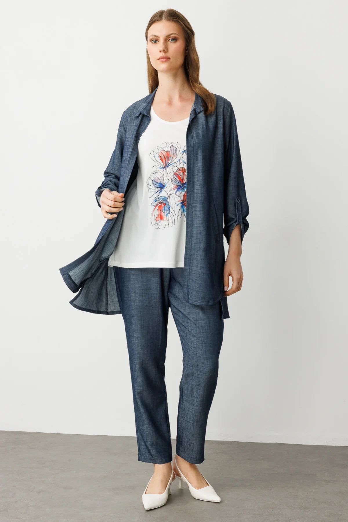 Ekol Büyük Beden İndigo Mavisi Kadın Bluzlu Takım Trençkot 07562