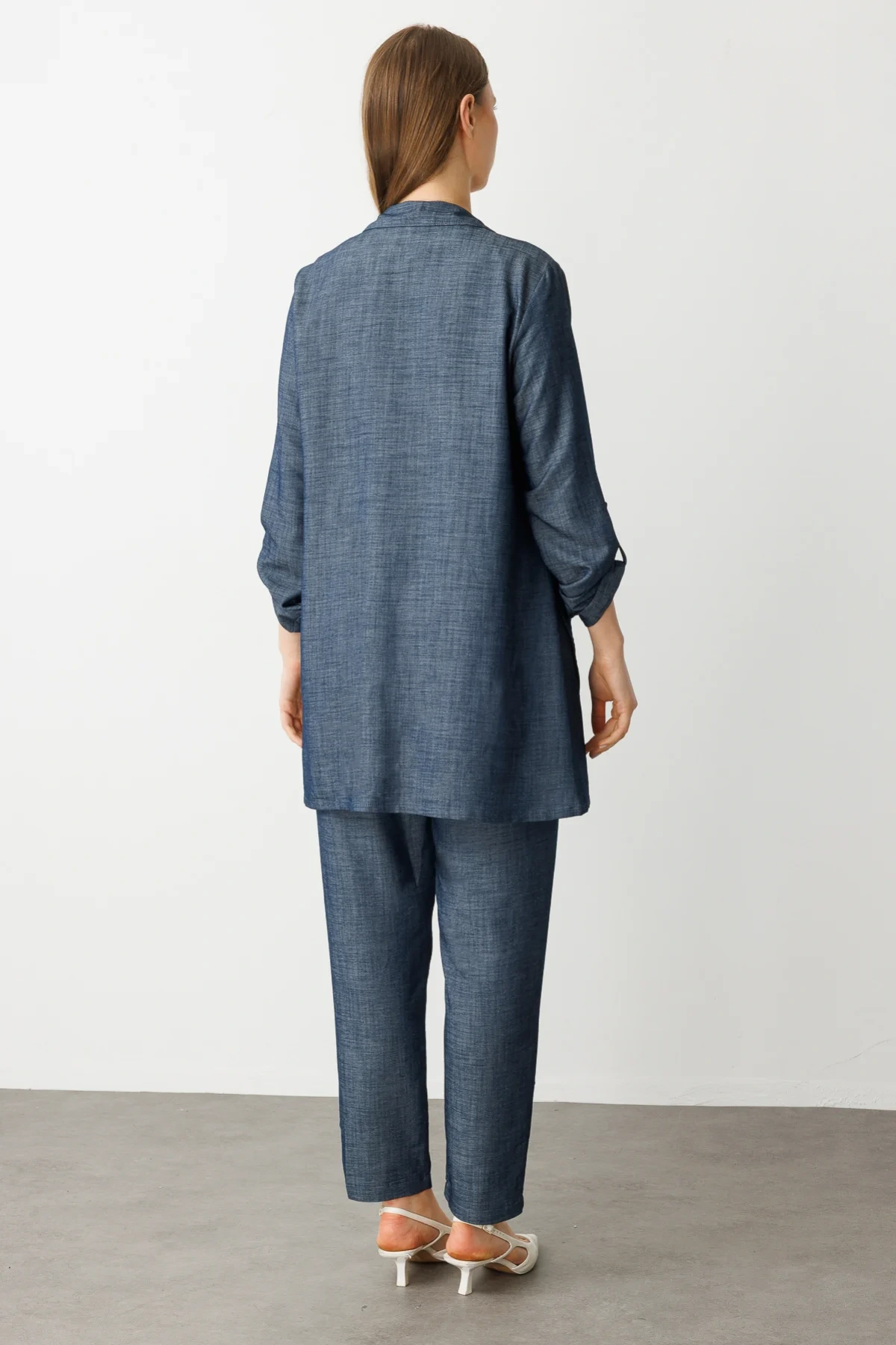 Ekol Büyük Beden İndigo Mavisi Kadın Bluzlu Takım Trençkot 07562