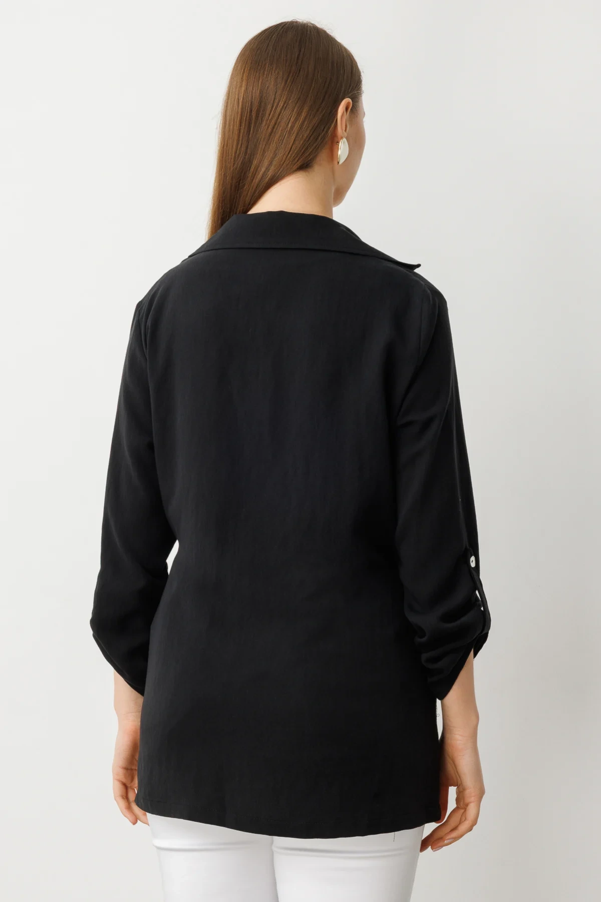 Ekol Büyük Beden Beli Bağlamalı İç Atletli Siyah Kadın Bluz 07566