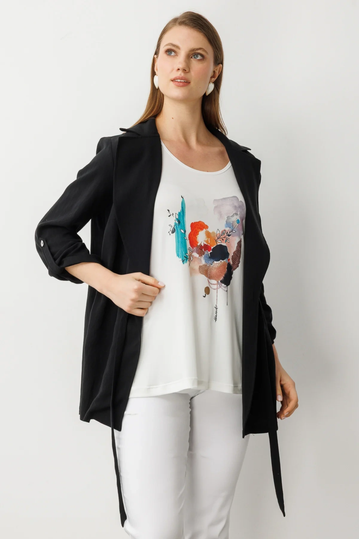 Ekol Büyük Beden Beli Bağlamalı İç Atletli Siyah Kadın Bluz 07566