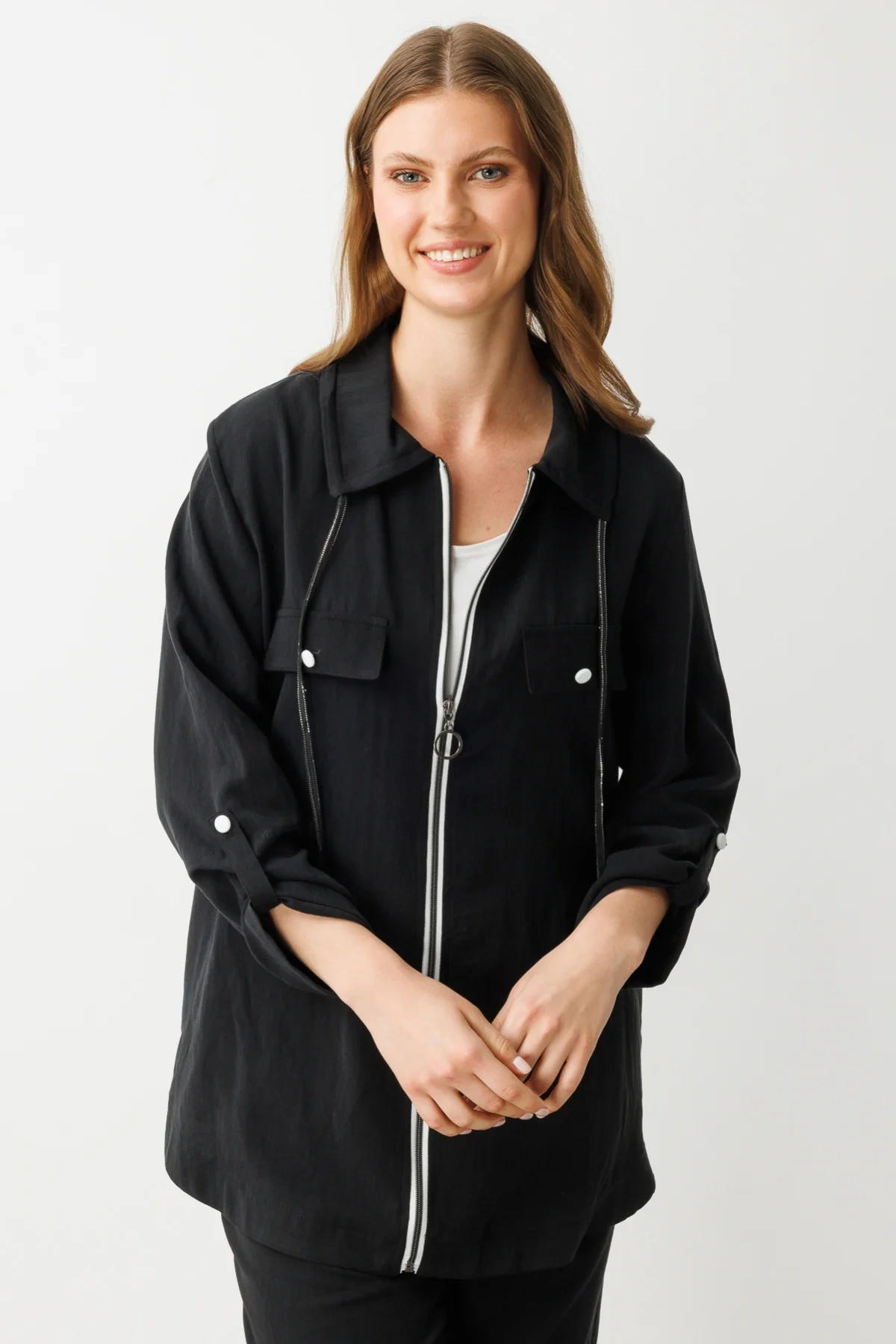 Ekol Büyük Beden İçlikli Fermuarlı Siyah Kadın Kap 07572