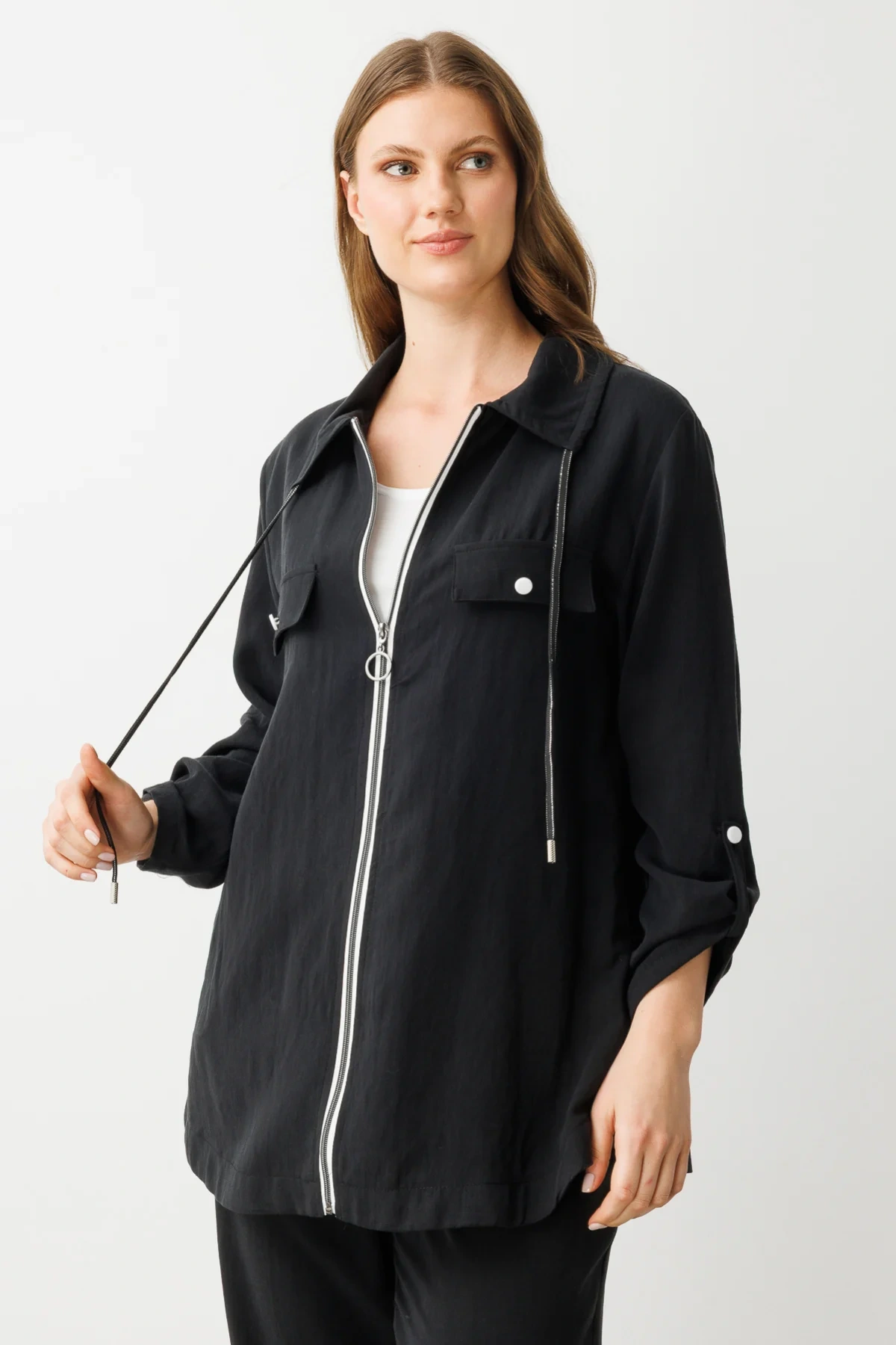 Ekol Büyük Beden İçlikli Fermuarlı Siyah Kadın Kap 07572