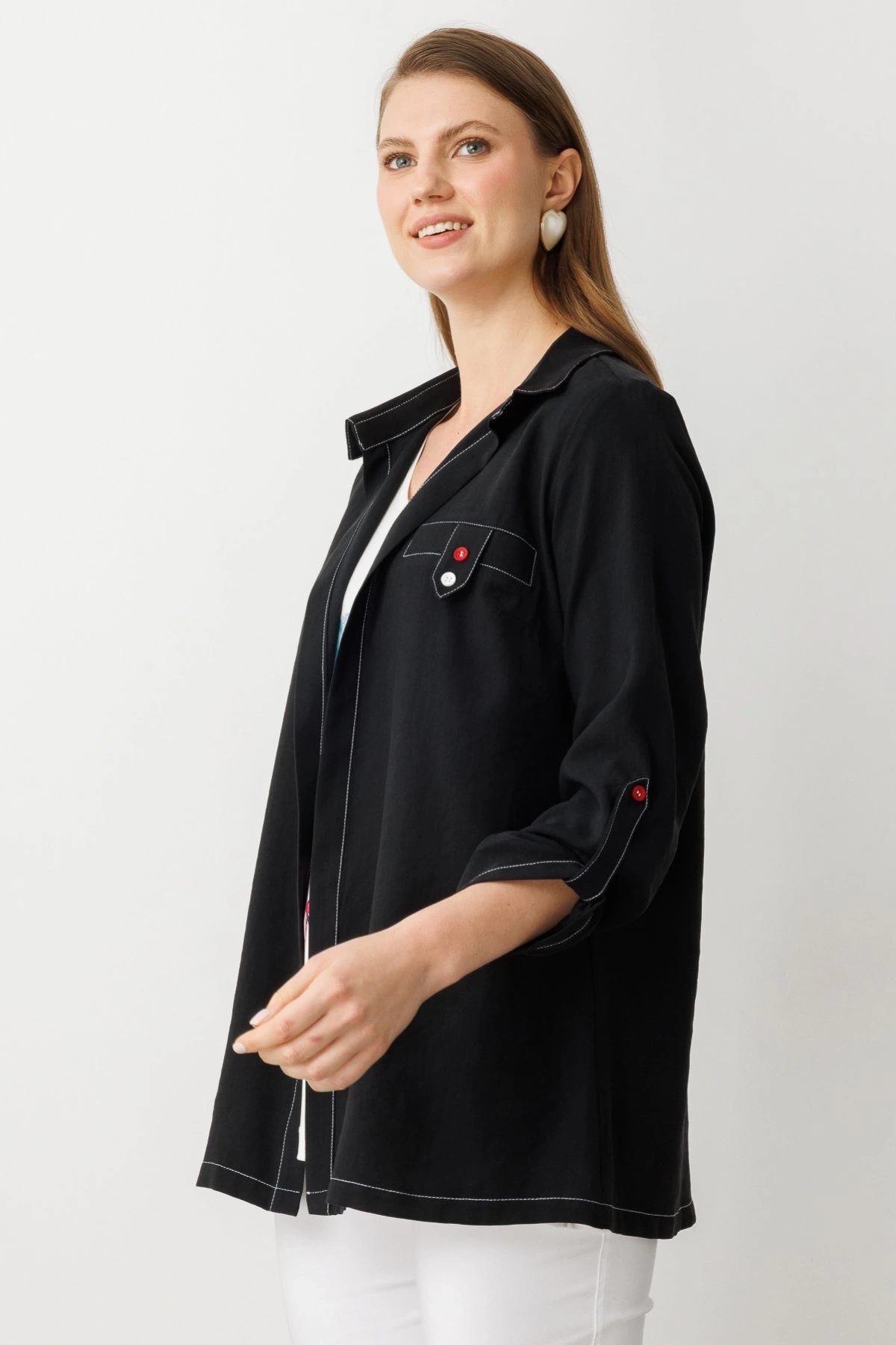 Ekol İçlikli Siyah Kadın Keten Kap 07578