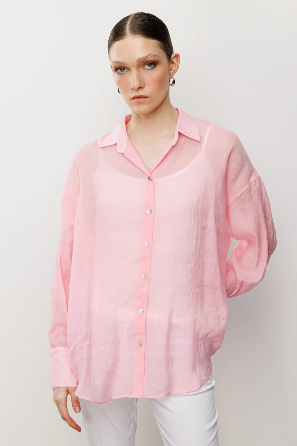 Ekol Kadın Astarsız Düğmeli Pembe Gömlek 03020