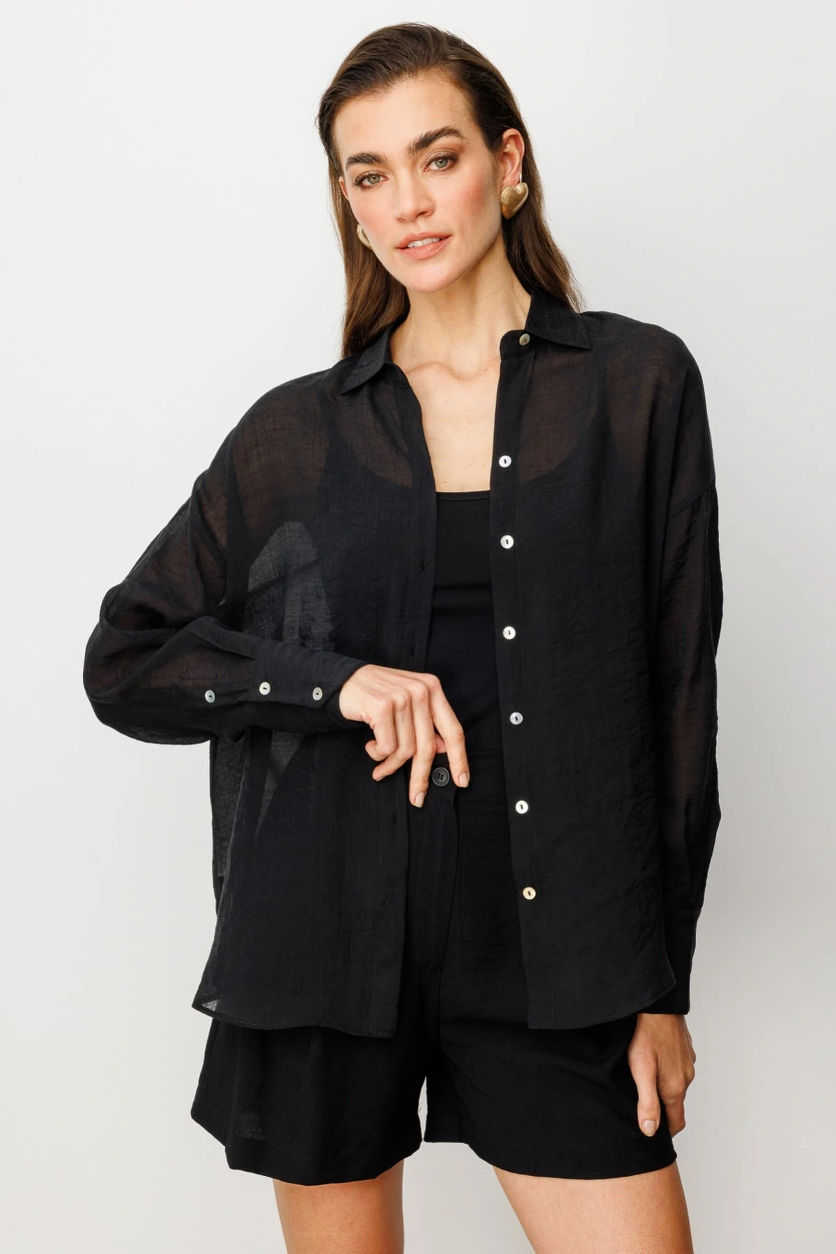 Ekol Kadın Astarsız Düğmeli Siyah Gömlek 03020