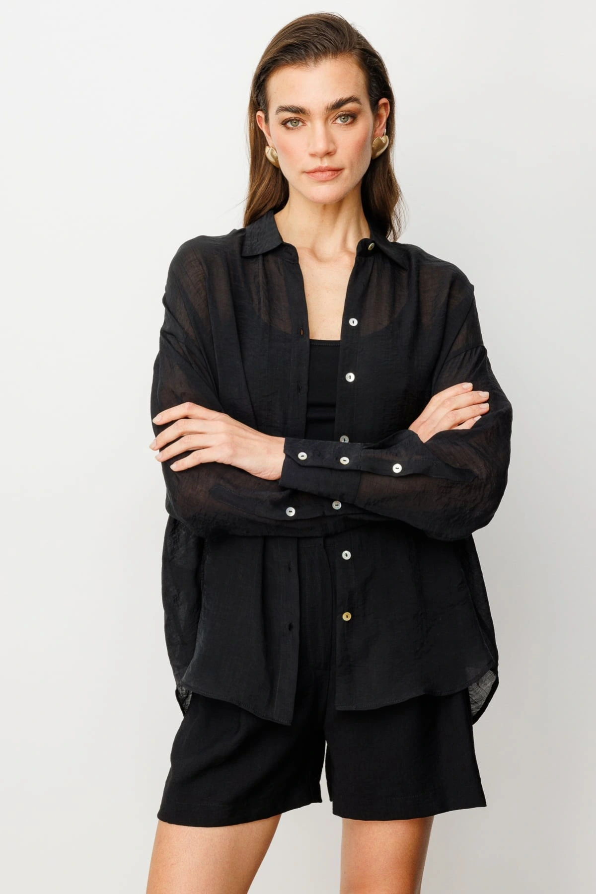 Ekol Kadın Astarsız Düğmeli Siyah Gömlek 03020