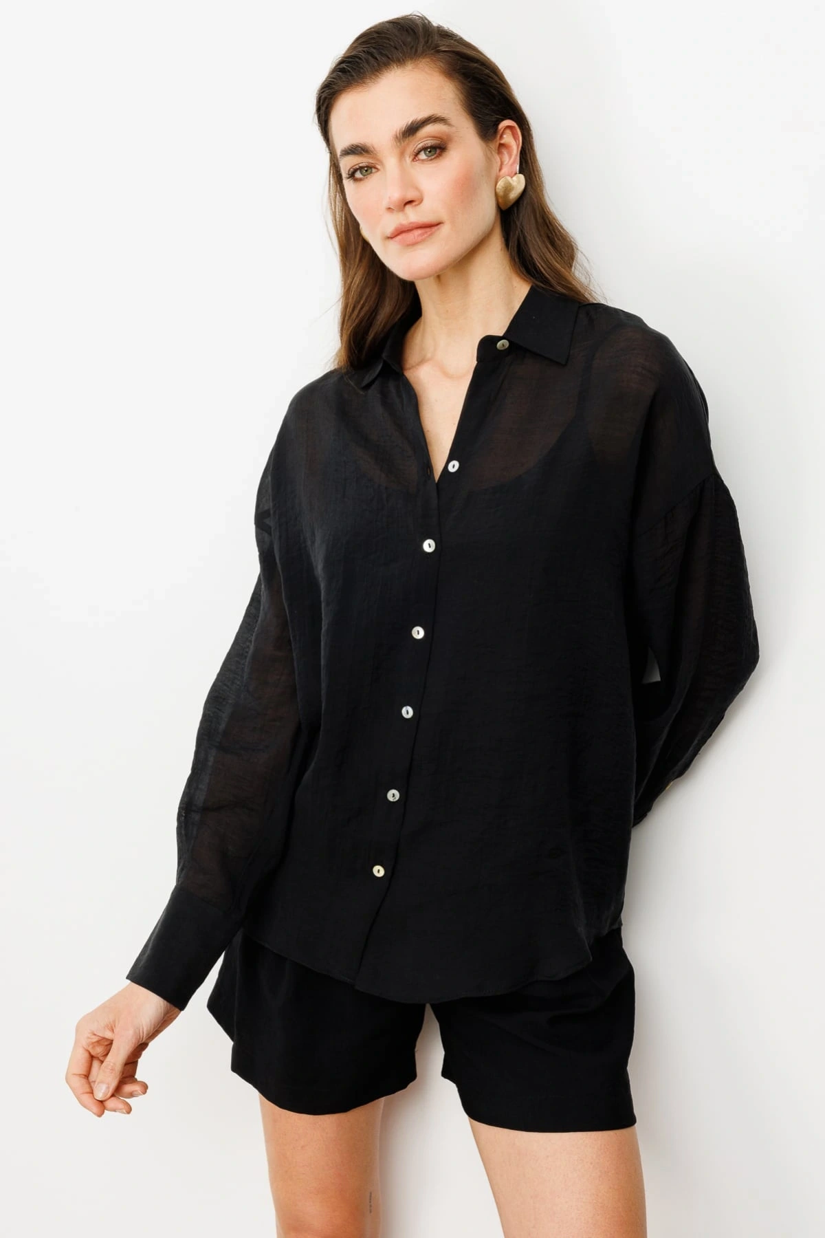 Ekol Kadın Astarsız Düğmeli Siyah Gömlek 03020