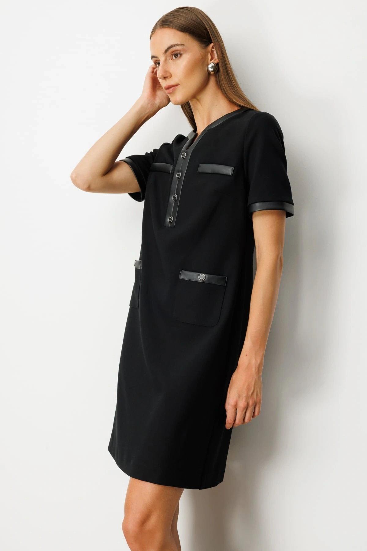 Ekol Kadın Deri Detaylı Siyah Elbise 04083