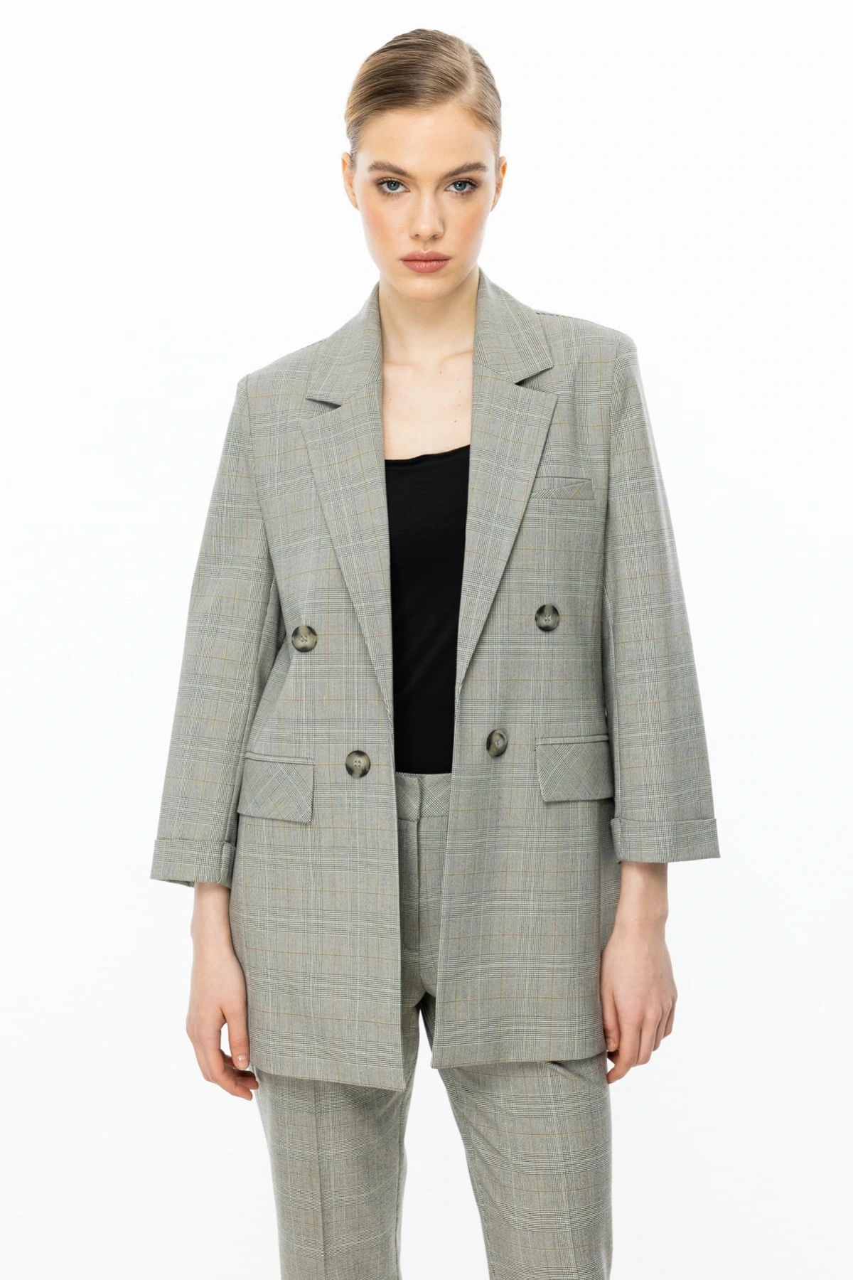 Ekol Kadın Duble Kol Ekoseli Gri Ceket 04086