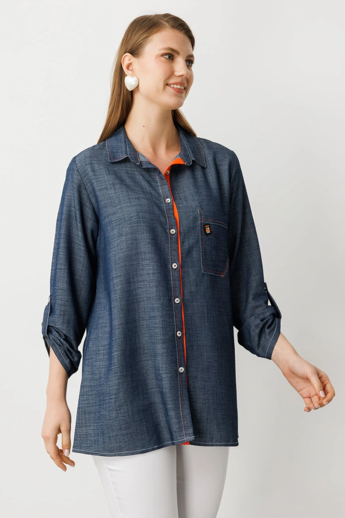 Ekol Kadın Düğmeli Cepli İndigo Gömlek 03962