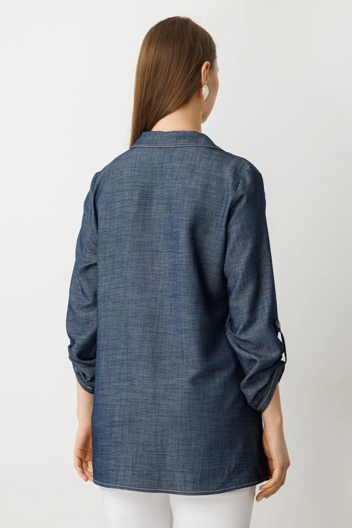 Ekol Kadın Düğmeli Cepli İndigo Gömlek 03962