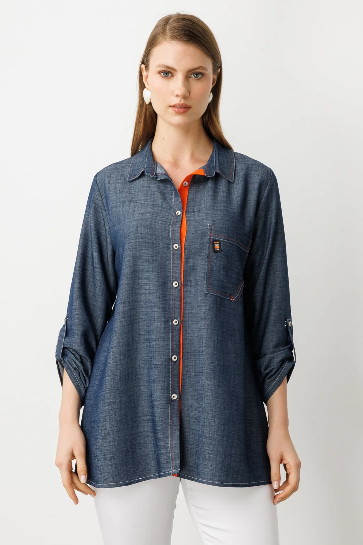 Ekol Kadın Düğmeli Cepli İndigo Gömlek 03962