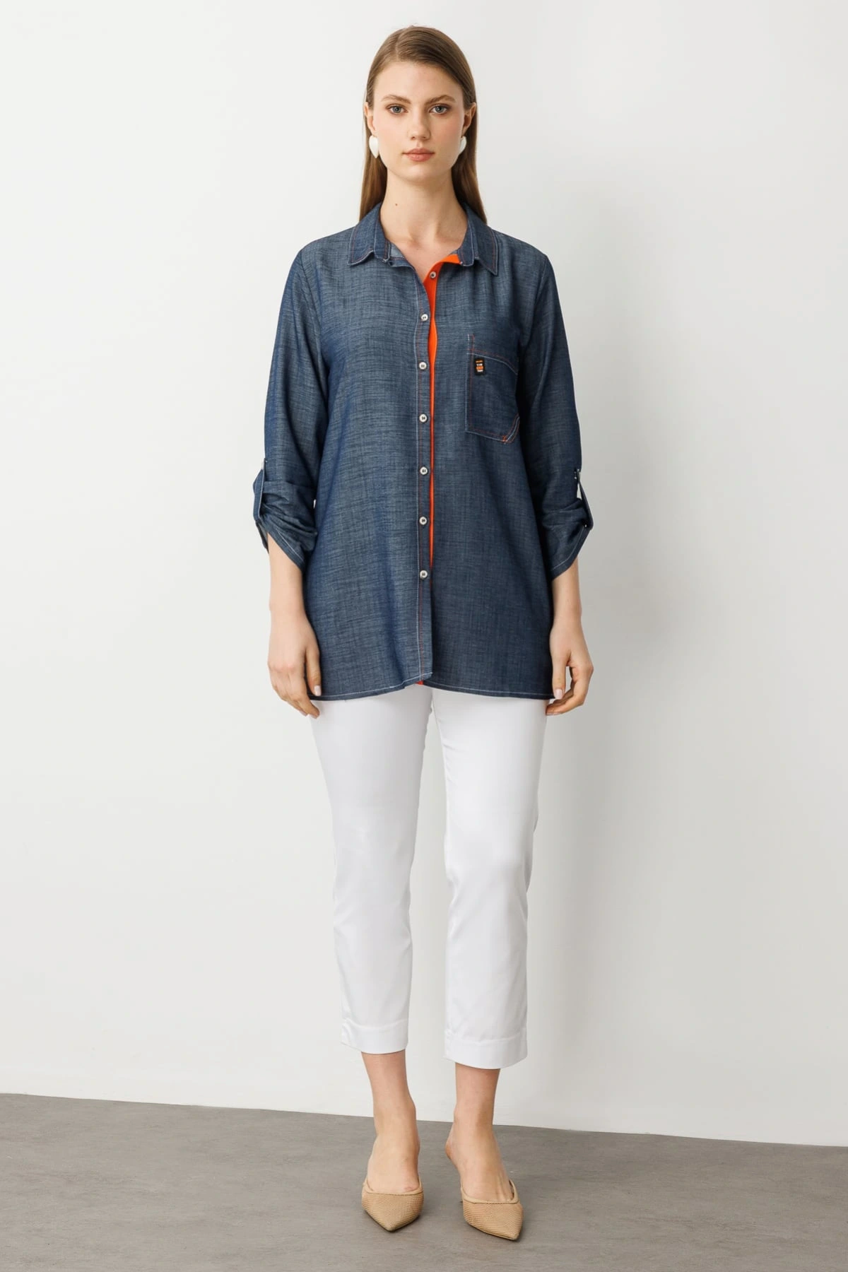 Ekol Kadın Düğmeli Cepli İndigo Gömlek 03962