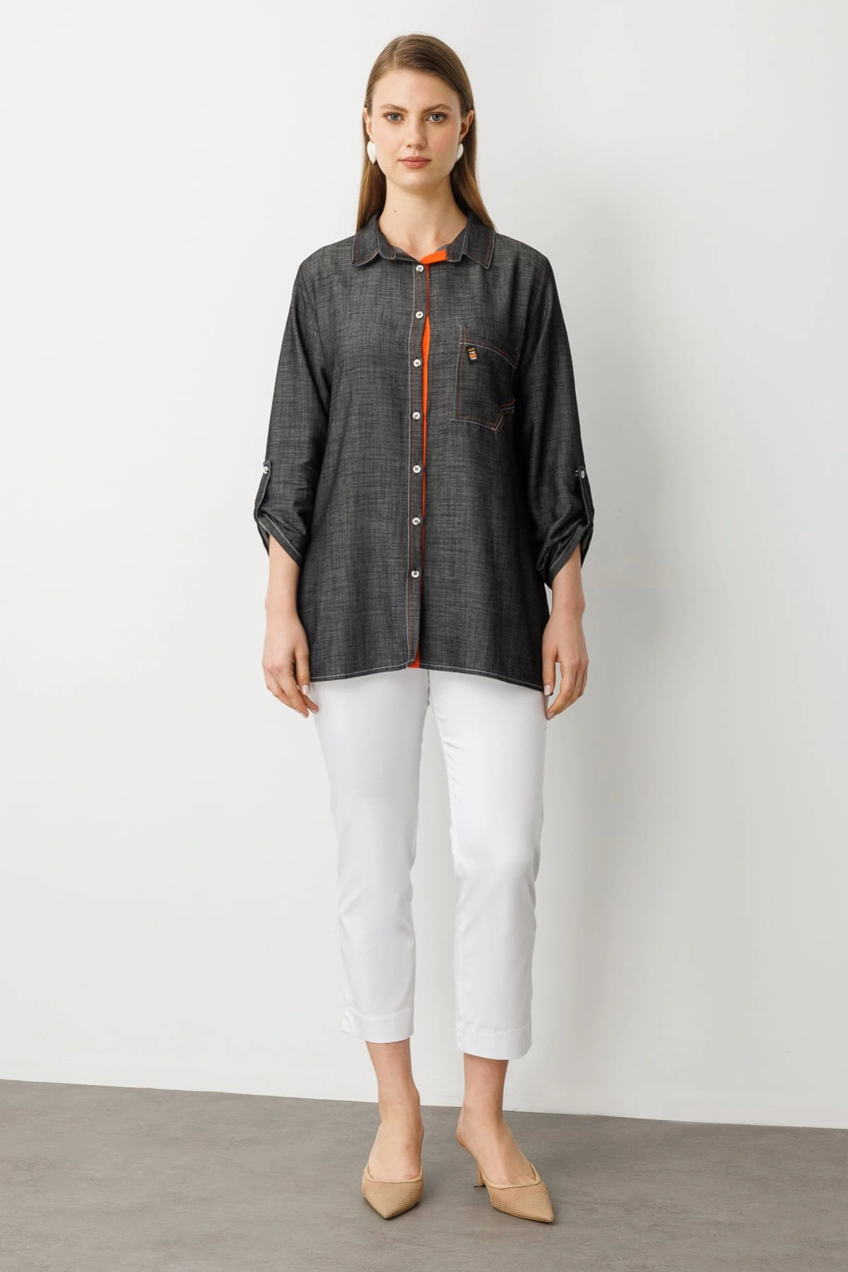 Ekol Kadın Düğmeli Cepli Siyah Gömlek 03962