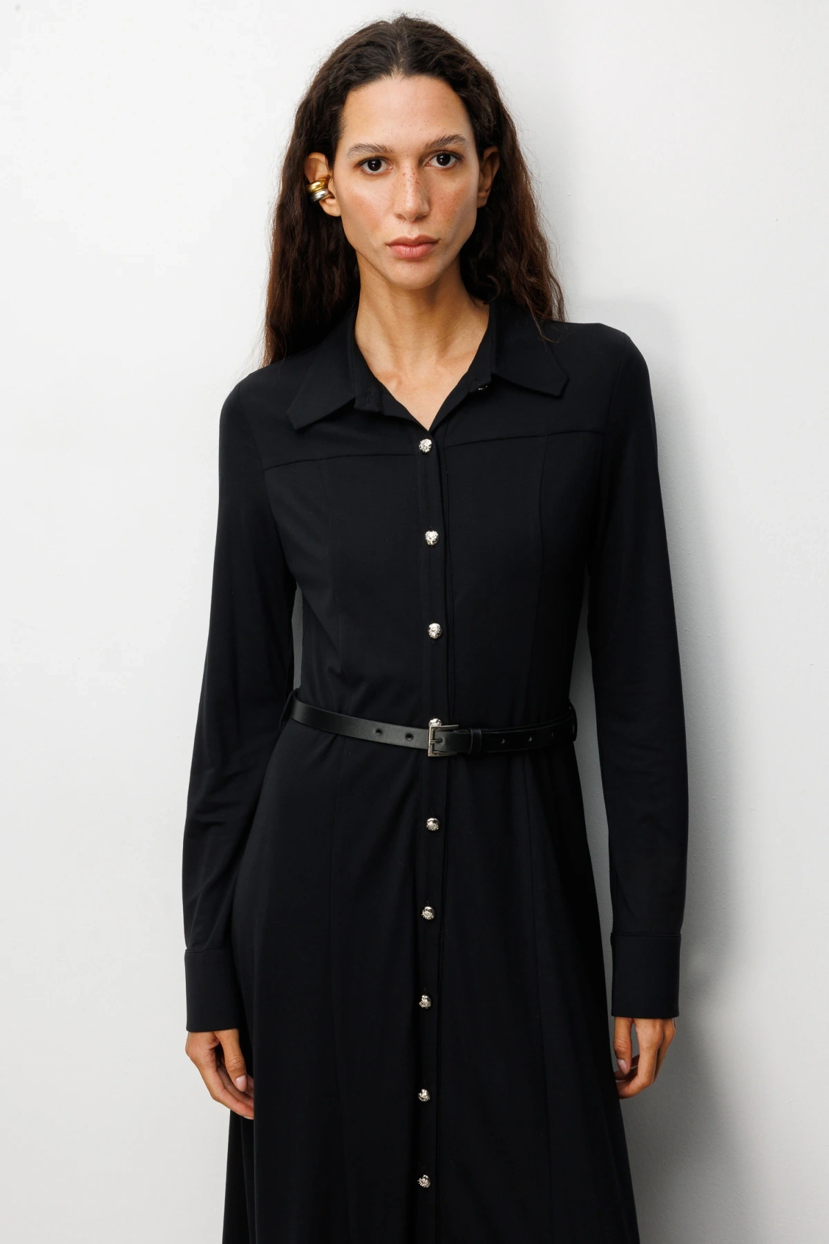 Ekol Kadın Düğmeli Kemerli Siyah Elbise 04029