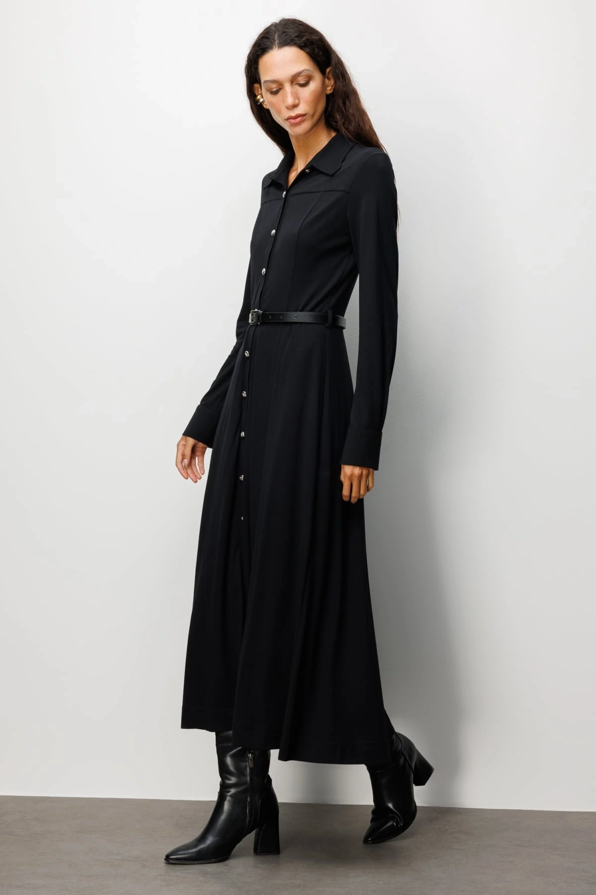 Ekol Kadın Düğmeli Kemerli Siyah Elbise 04029