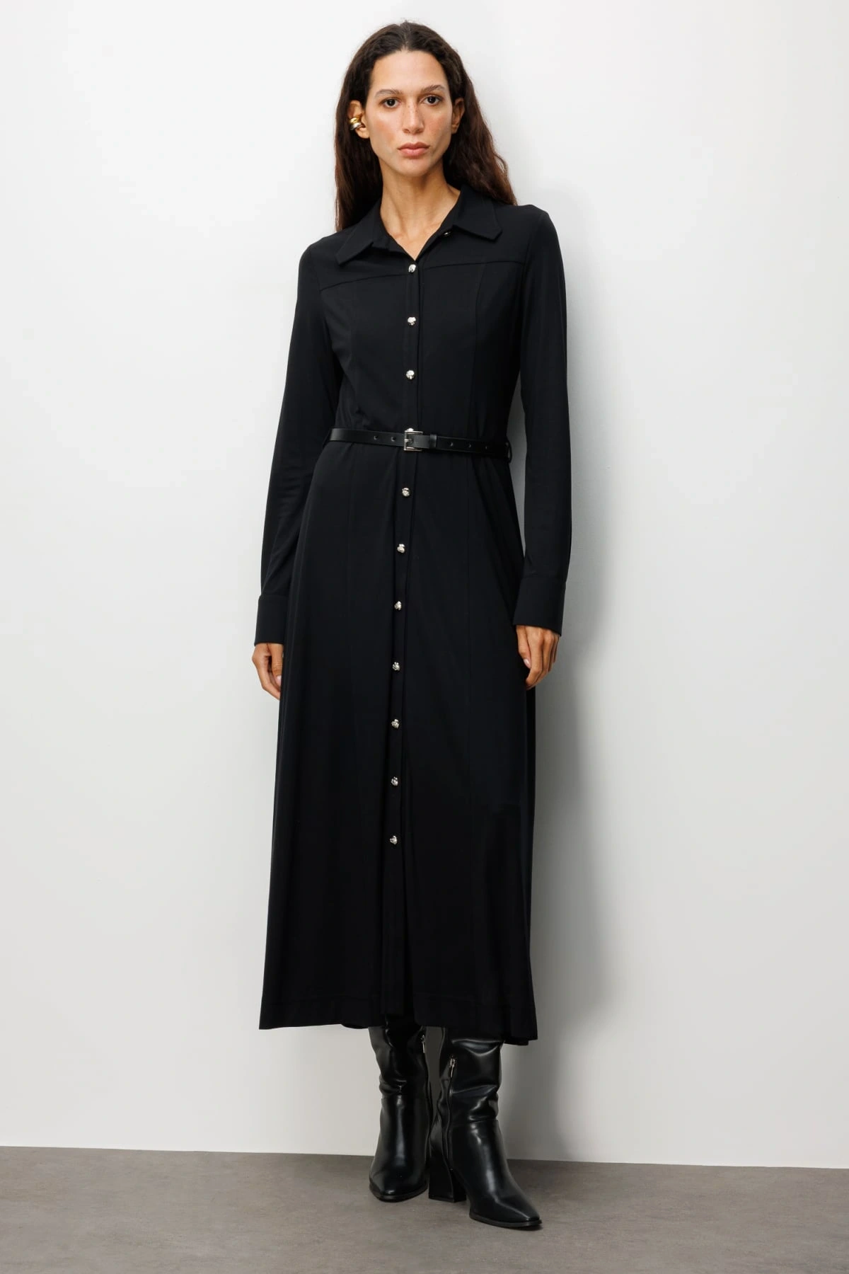 Ekol Kadın Düğmeli Kemerli Siyah Elbise 04029