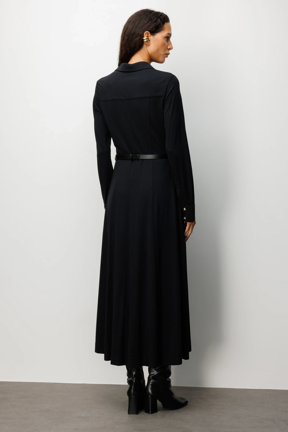 Ekol Kadın Düğmeli Kemerli Siyah Elbise 04029