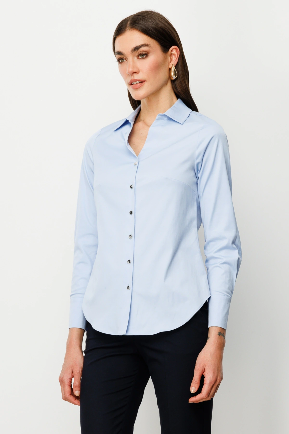 Ekol Kadın Düğmeli Mavi Poplin Gömlek 03006