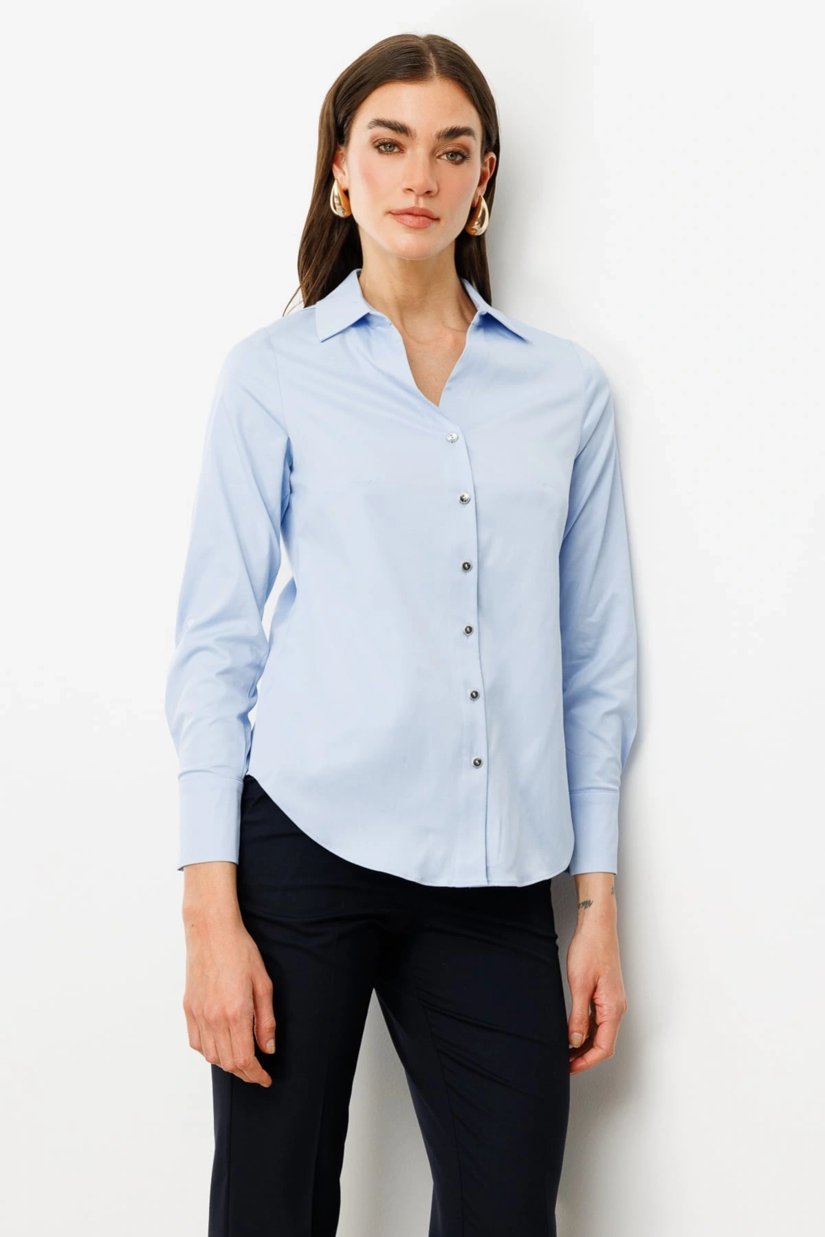 Ekol Kadın Düğmeli Mavi Poplin Gömlek 03006