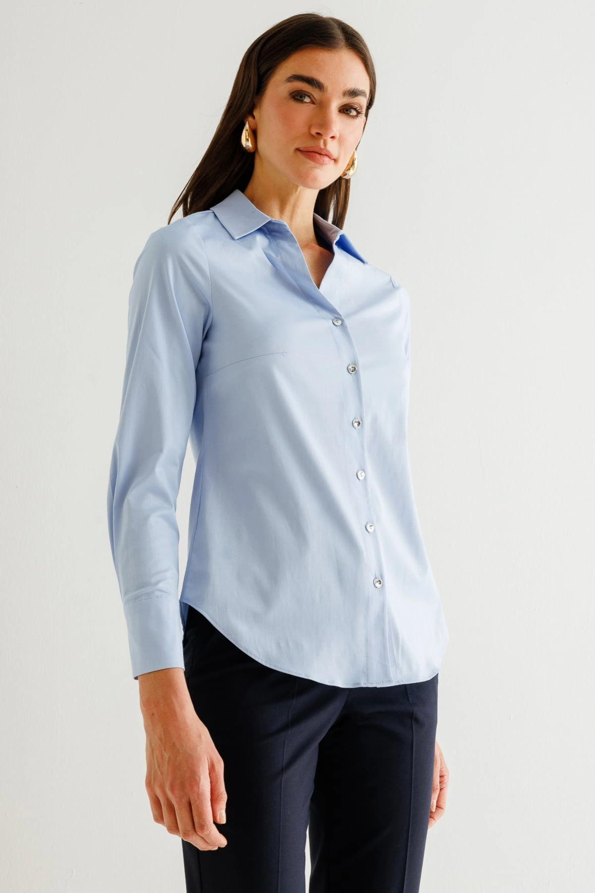 Ekol Kadın Düğmeli Mavi Poplin Gömlek 03006