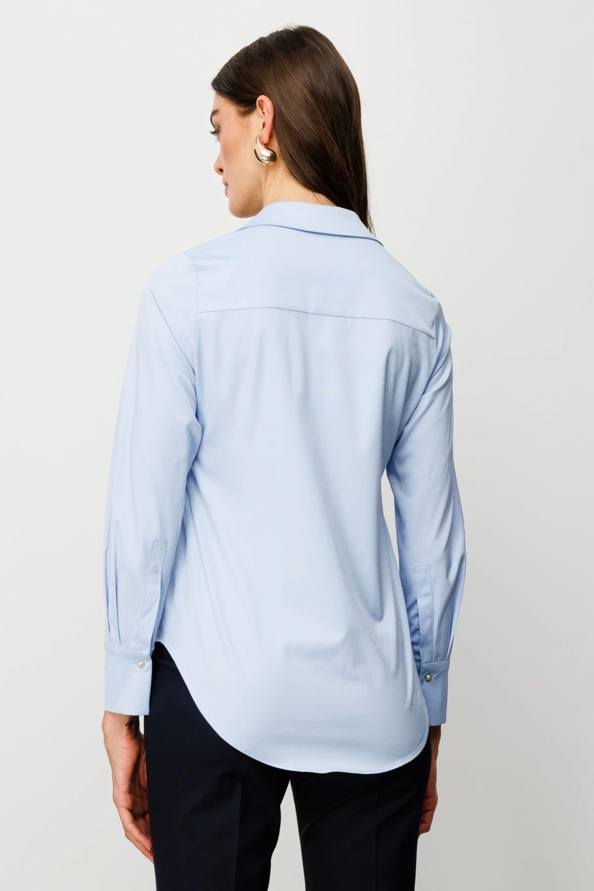 Ekol Kadın Düğmeli Mavi Poplin Gömlek 03006
