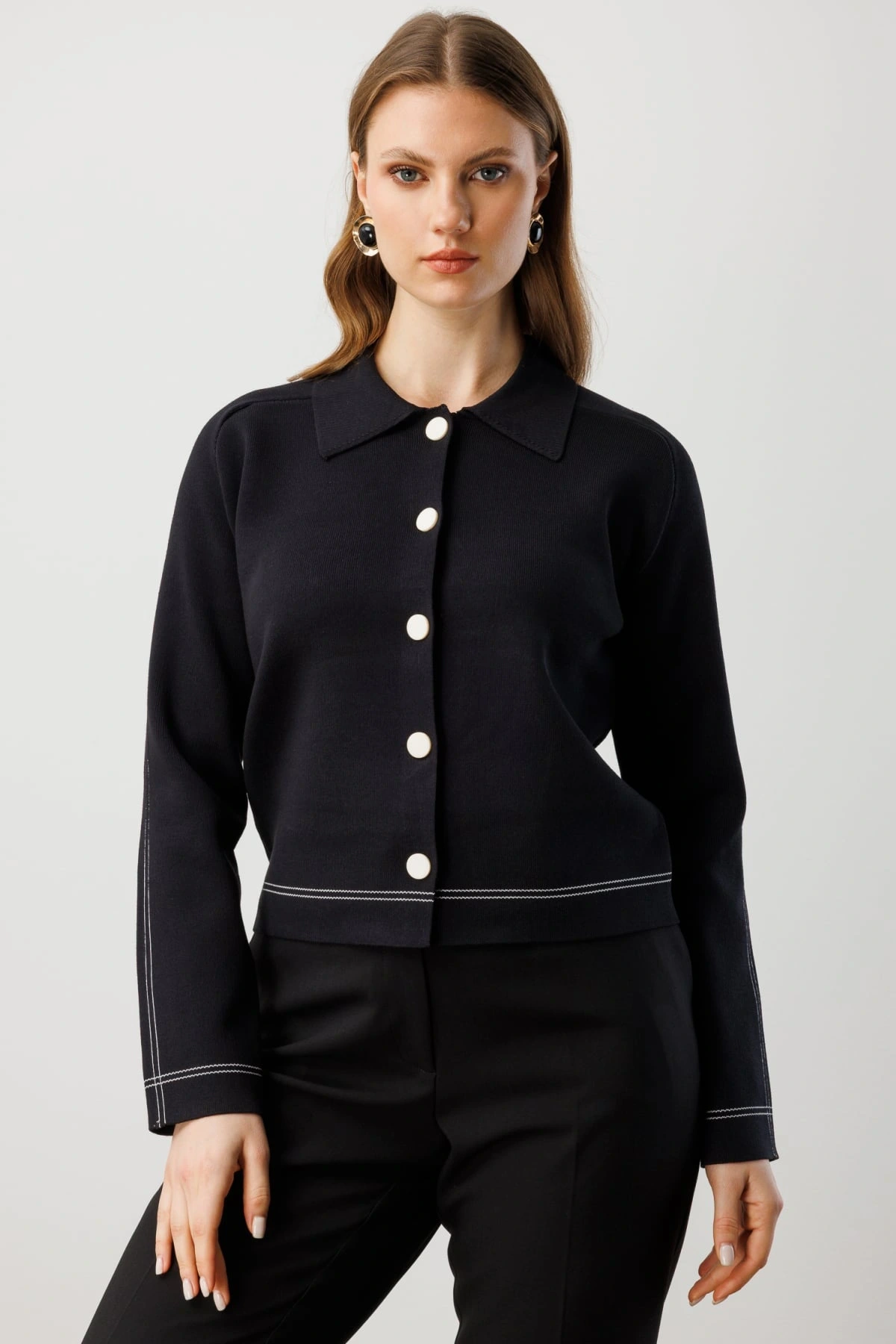 Ekol Kadın Düğmeli Triko Siyah Hırka 60905