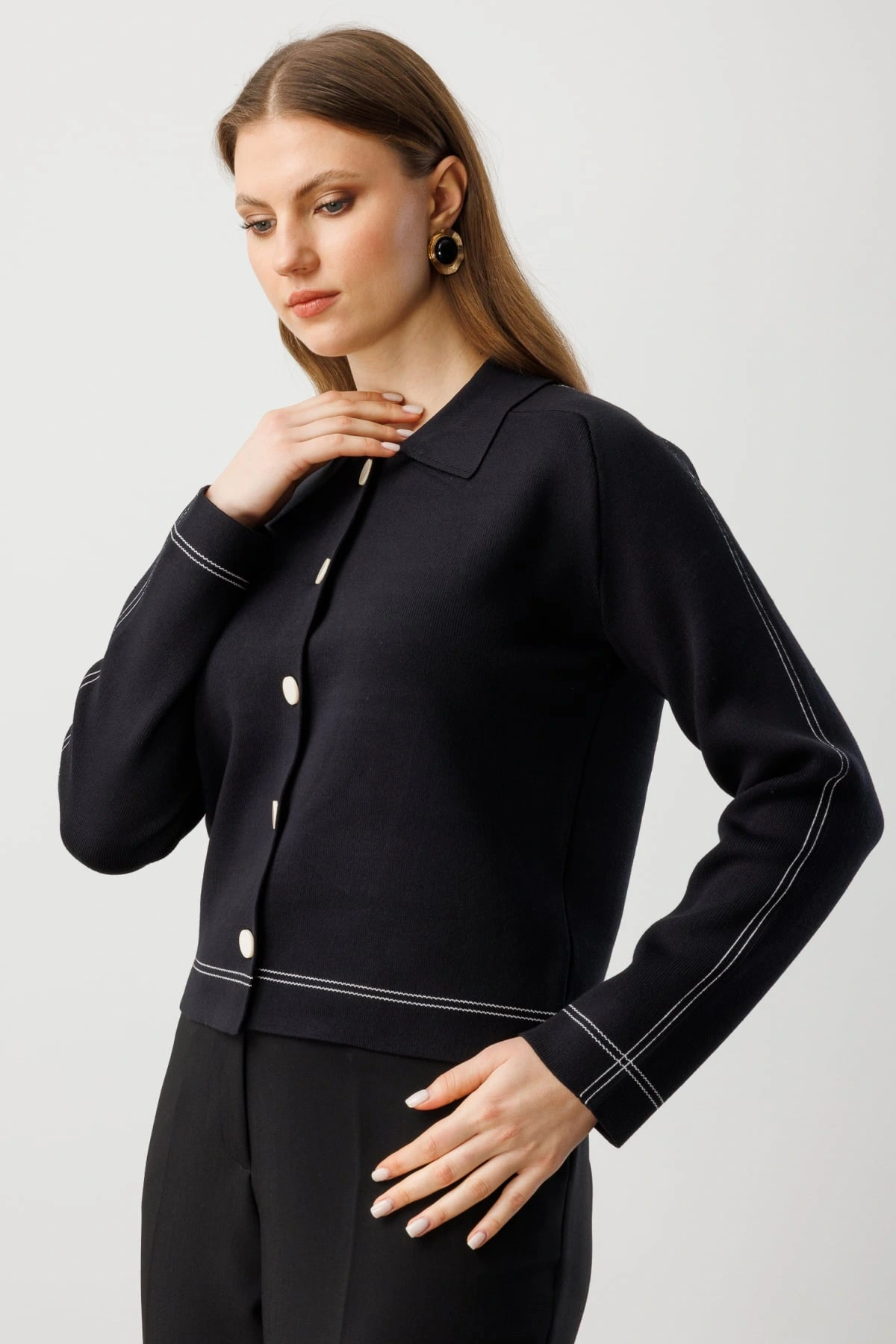 Ekol Kadın Düğmeli Triko Siyah Hırka 60905